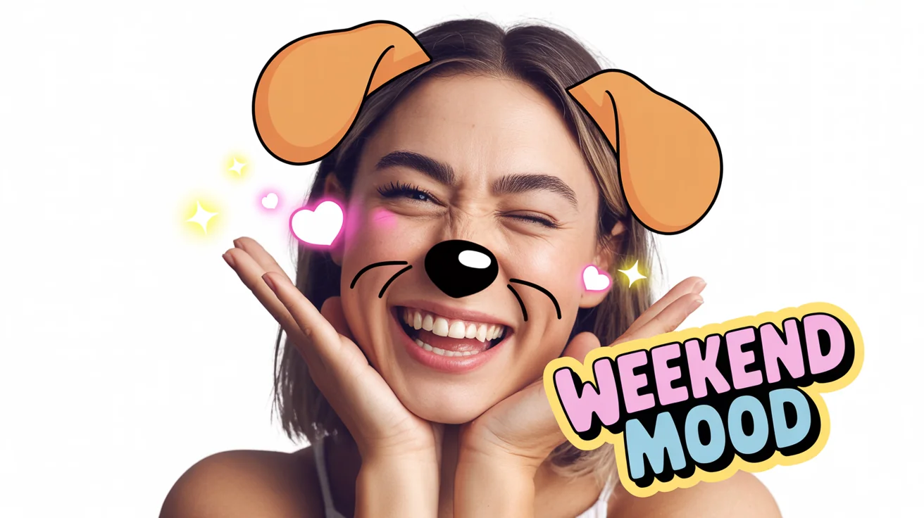 A portrait of a winking woman edited in a Snapchat style, with digital puppy ears, a puppy nose, floating hearts, and a 'Weekend Mood' sticker, on a white background.