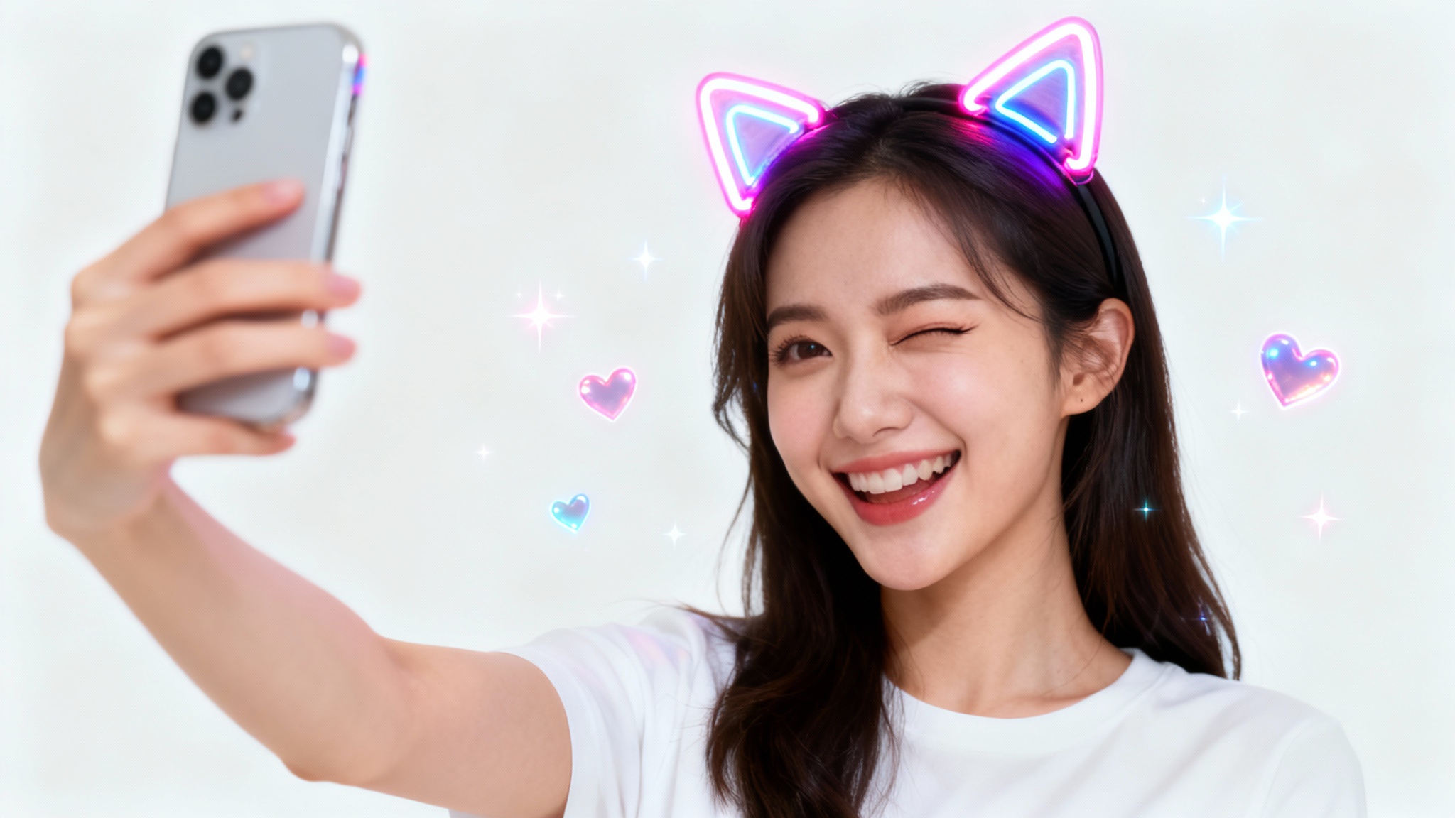 A close-up selfie of a happy young woman, digitally edited with glowing neon cat ears and sparkling hearts, against a plain white background.