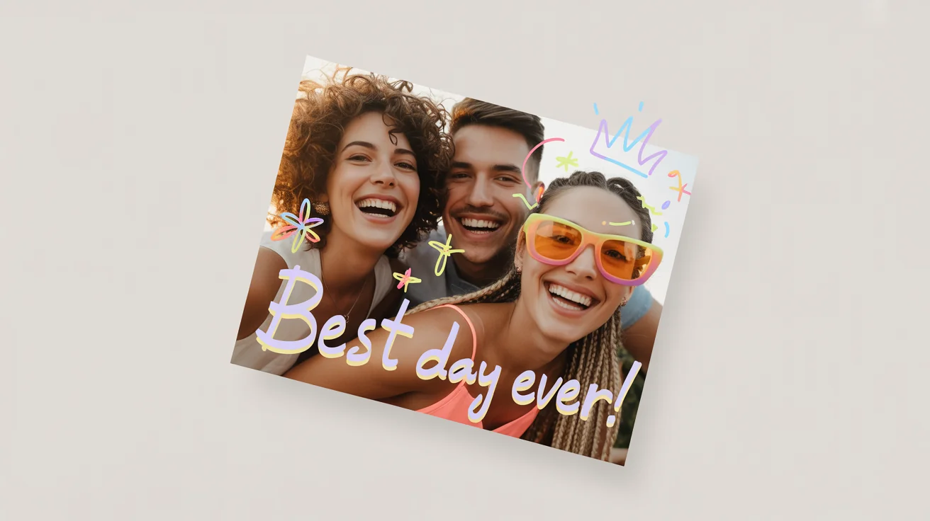 An edited photo of three happy friends, enhanced with digital stickers like a crown and sparkles, with the text 'Best Day Ever!' displayed on a white background, demonstrating a photo editor's capabilities.