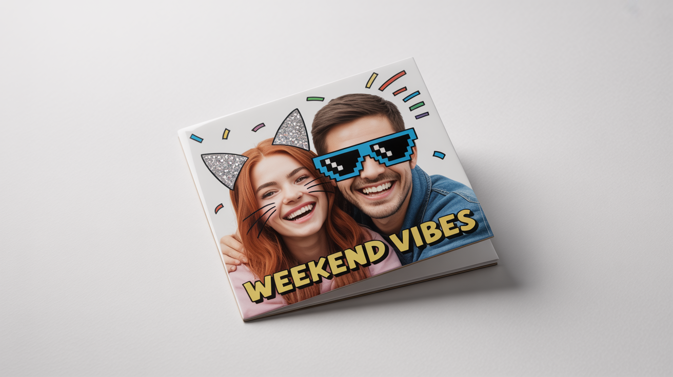 A mockup of a square photograph edited with fun social media filters, showing two friends laughing with digital cat ears and sunglasses added, with the text 'Weekend Vibes'.