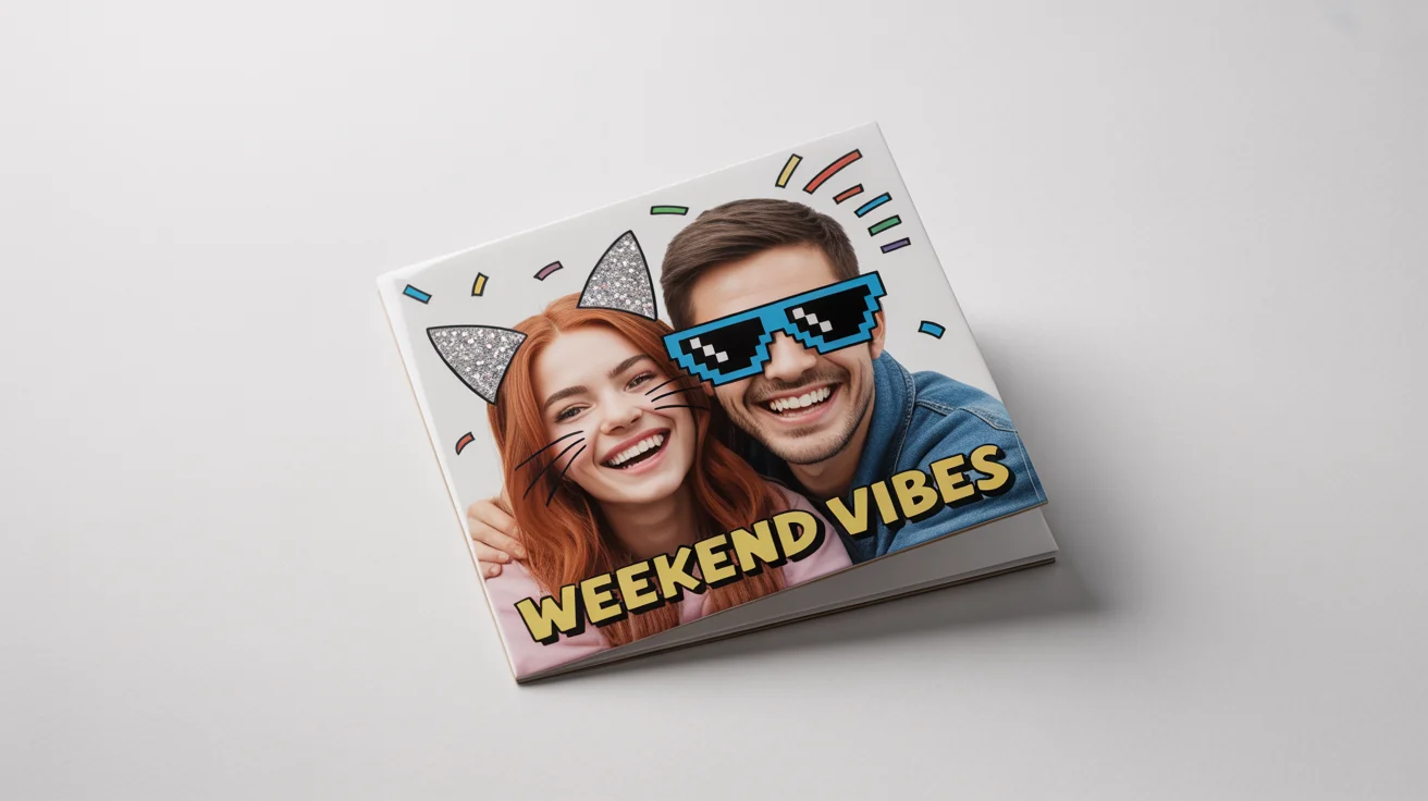 A mockup of a square photograph edited with fun social media filters, showing two friends laughing with digital cat ears and sunglasses added, with the text 'Weekend Vibes'.