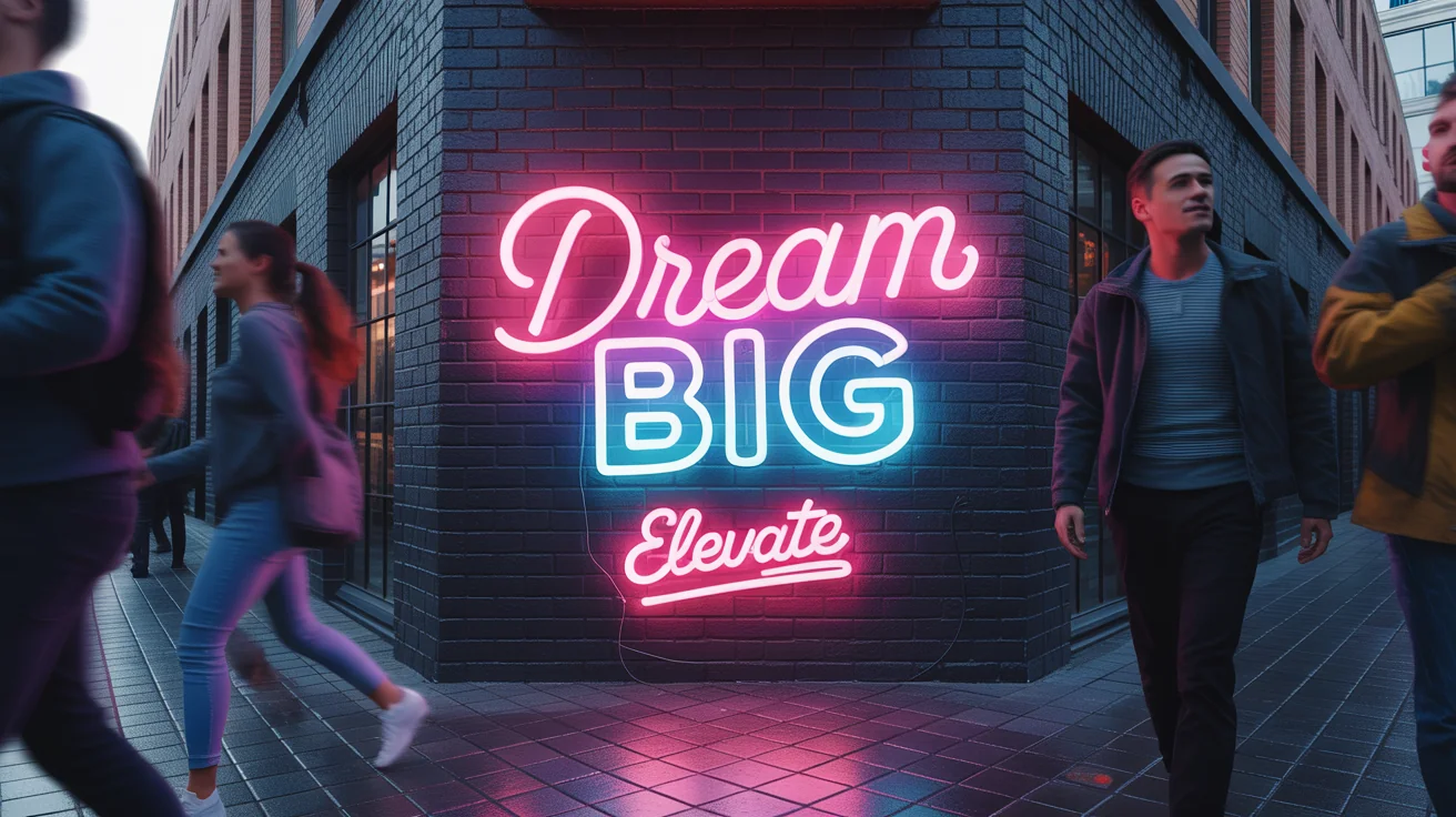 A vibrant neon banner with the words "DREAM BIG" in glowing pink and blue lights, mounted on a dark brick wall.