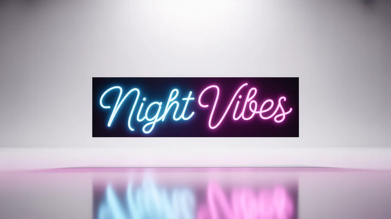 A vibrant neon banner with the text 'NIGHT VIBES' in glowing blue and pink, shown as a mockup against a plain white background.