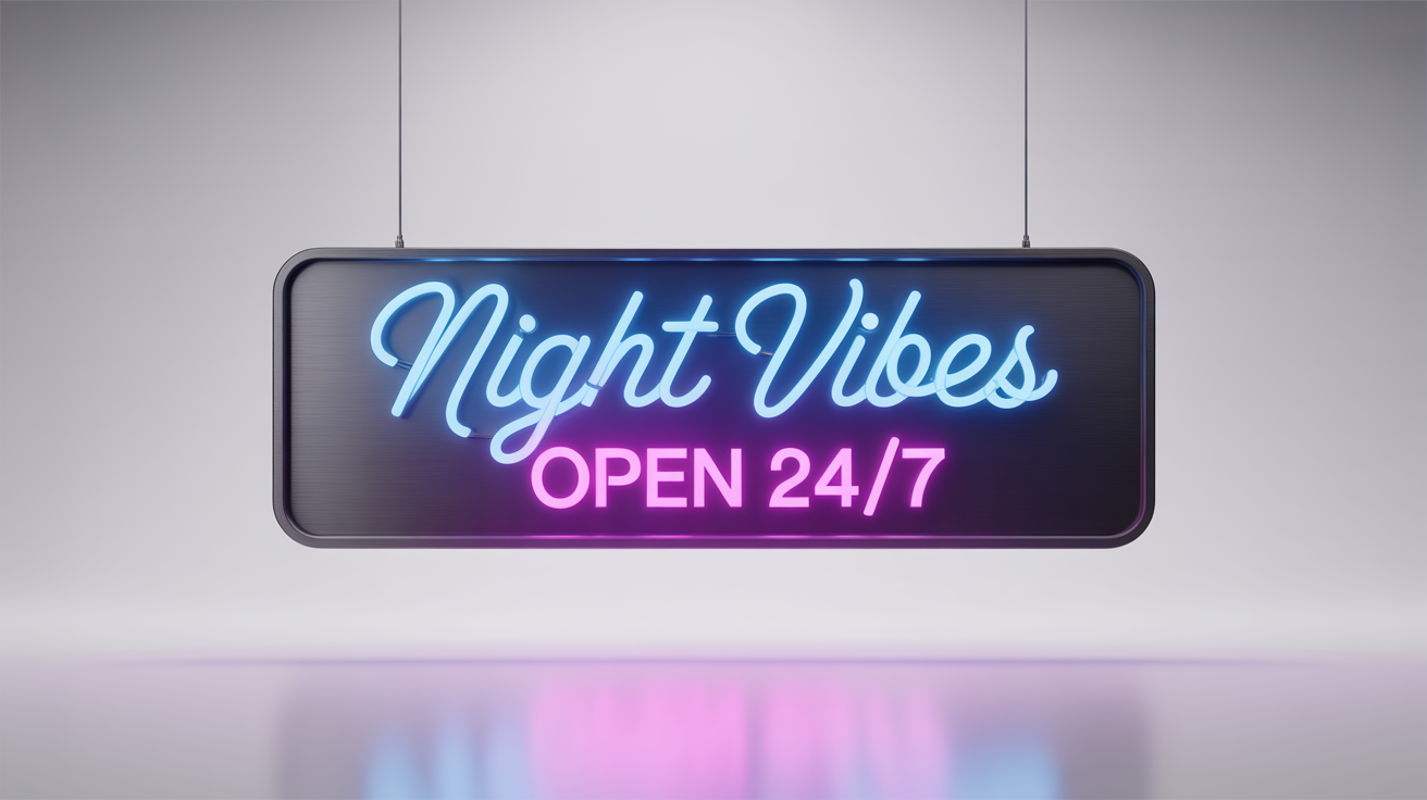 A photorealistic mockup of a rectangular neon banner that reads 'NIGHT VIBES' in blue and 'OPEN 24/7' in pink, set against a clean white background.