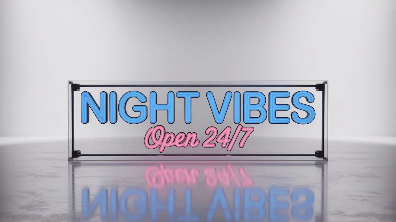 A rectangular neon banner with the words 'NIGHT VIBES' in glowing blue and 'OPEN 24/7' in glowing pink, shown as a product mockup against a white background.