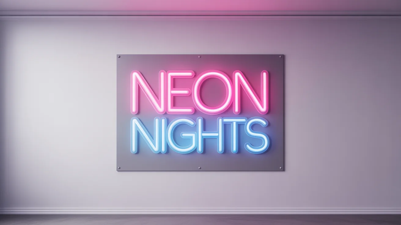 A modern neon banner against a white wall, with the words 'NEON NIGHTS' glowing in vibrant pink and electric blue lights.