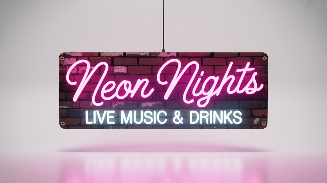 A professional mockup of a neon banner on a dark brick wall section, isolated against a white background. The sign glows with pink and white light, reading 'NEON NIGHTS, LIVE MUSIC & DRINKS'.