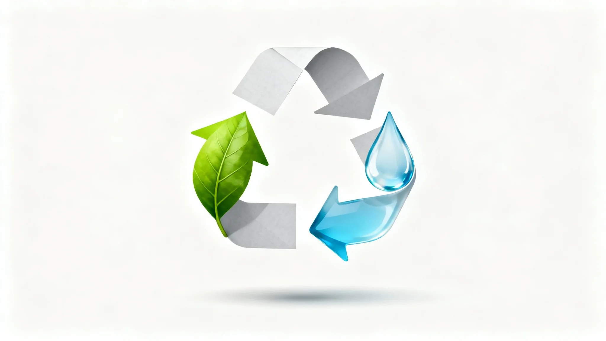 A modern recycle logo mockup featuring three interlocking symbols: a green leaf, a blue water droplet, and a gray paper arrow, set against a plain white background.
