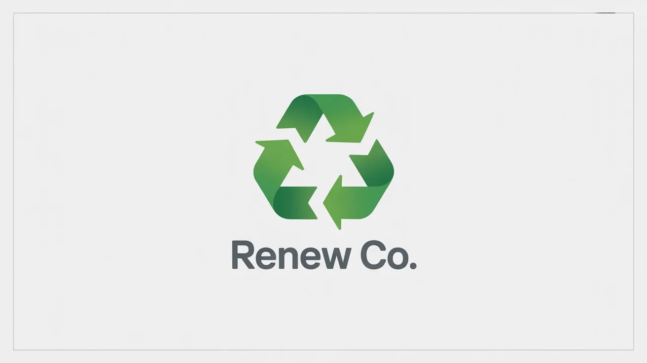 A modern, minimalist recycle logo for a fictional brand 'Renew Co.' The logo has three green flowing arrows in a circle on a solid white background.
