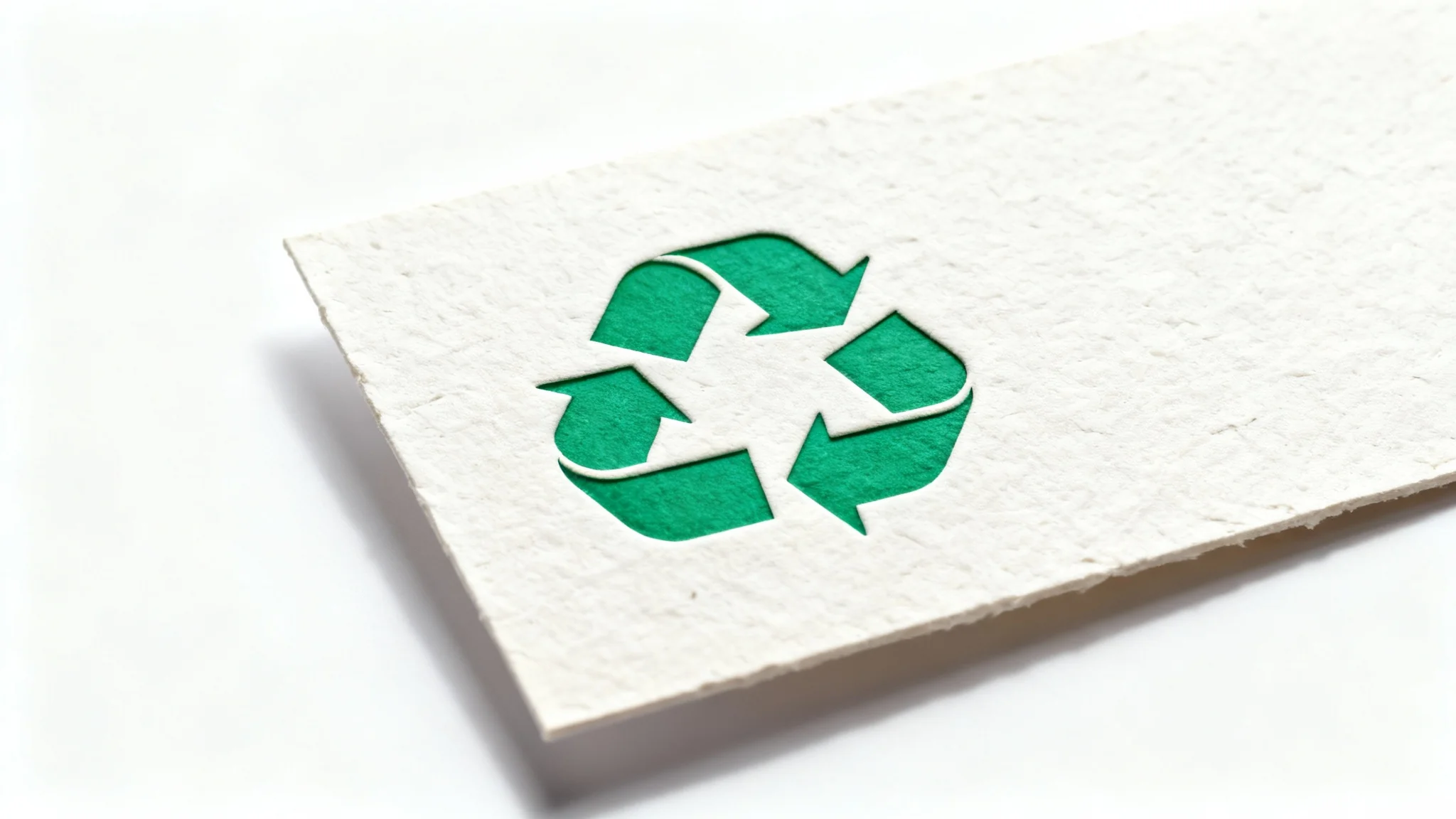 A modern, minimalist recycle logo in vibrant green, embossed on a piece of textured, recycled paper against a stark white background.