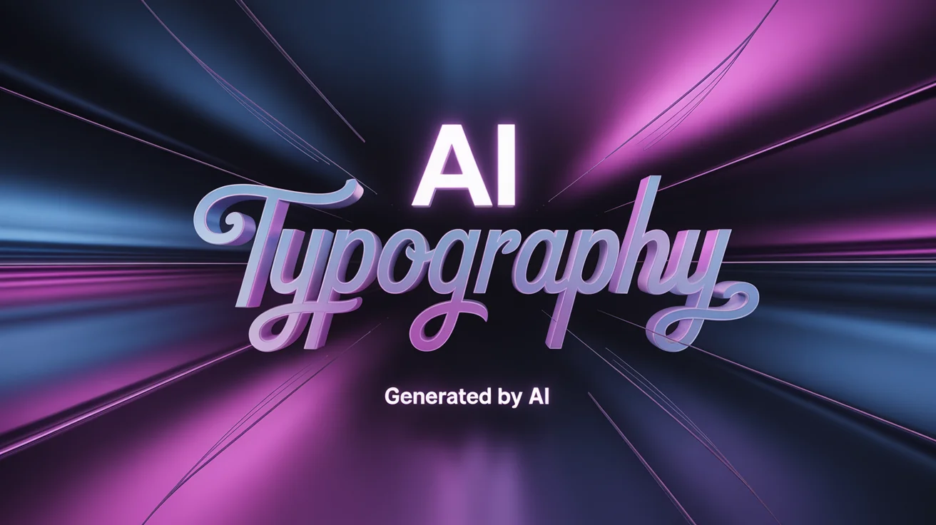 A professional graphic design featuring the words 'AI Typography' in stylized fonts against a vibrant blue and purple gradient background. The design includes abstract lines and the smaller text 'Generated by AI', conveying a futuristic and innovative theme.