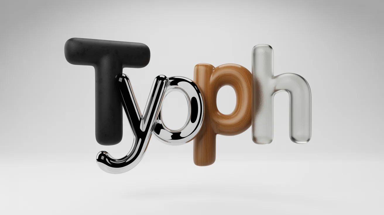 A 3D artistic rendering of the word 'Typography', with each letter in a different font and material, such as wood, chrome, and glass, floating against a plain white background.