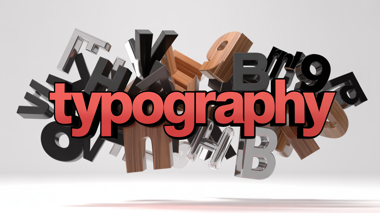 A sophisticated 3D art piece showing letters of various materials like chrome, wood, and plastic floating around the central red word 'TYPOGRAPHY' on a white background.