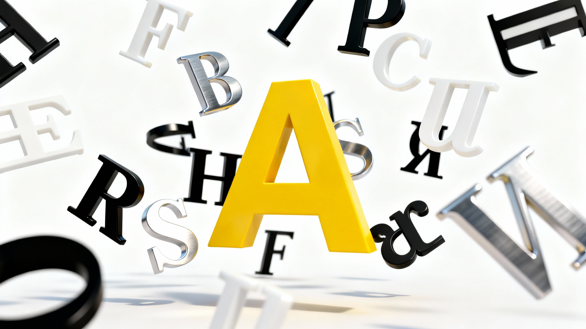 An artistic 3D rendering of various black, white, and metallic letters floating against a white background, with a large yellow letter 'A' as a central focus, illustrating the concept of typography.