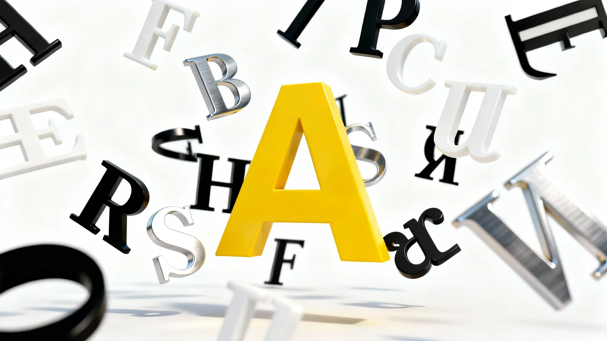 An artistic 3D rendering of various black, white, and metallic letters floating against a white background, with a large yellow letter 'A' as a central focus, illustrating the concept of typography.