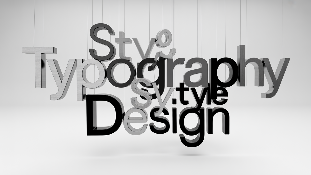 A 3D composition of letters and symbols frozen mid-air against a white background, with the words 'TYPOGRAPHY', 'STYLE', and 'DESIGN' prominently featured in a bold font, representing the art of typography.