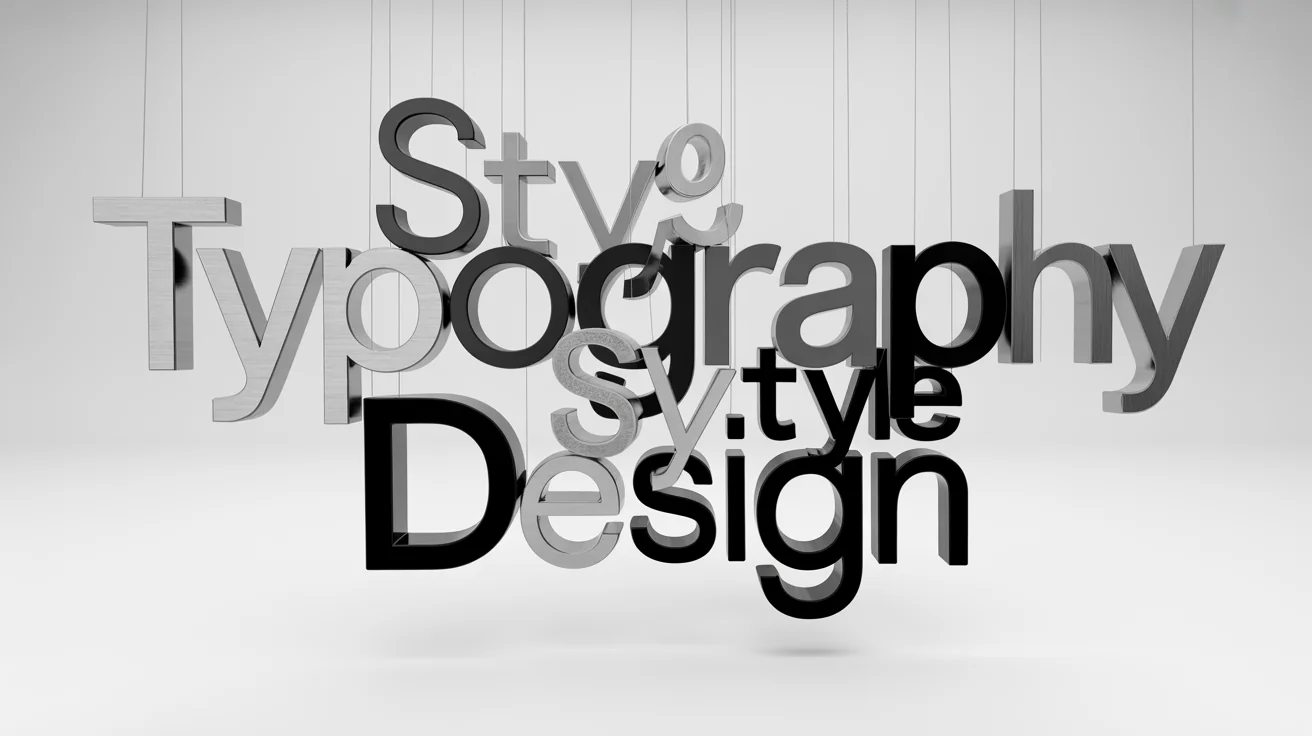 A 3D composition of letters and symbols frozen mid-air against a white background, with the words 'TYPOGRAPHY', 'STYLE', and 'DESIGN' prominently featured in a bold font, representing the art of typography.