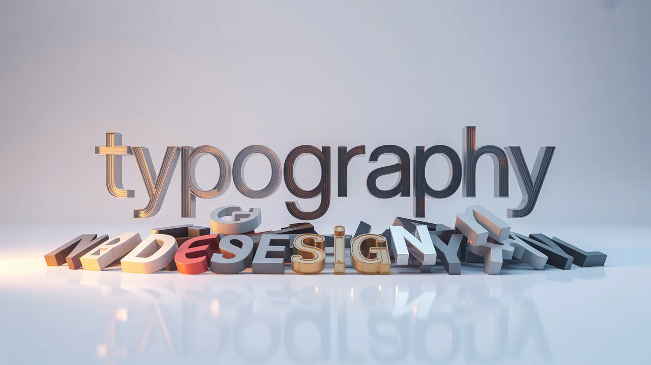An abstract 3D artwork showcasing the word 'TYPOGRAPHY' surrounded by floating letters and words in various fonts, sizes, and materials against a clean white background.