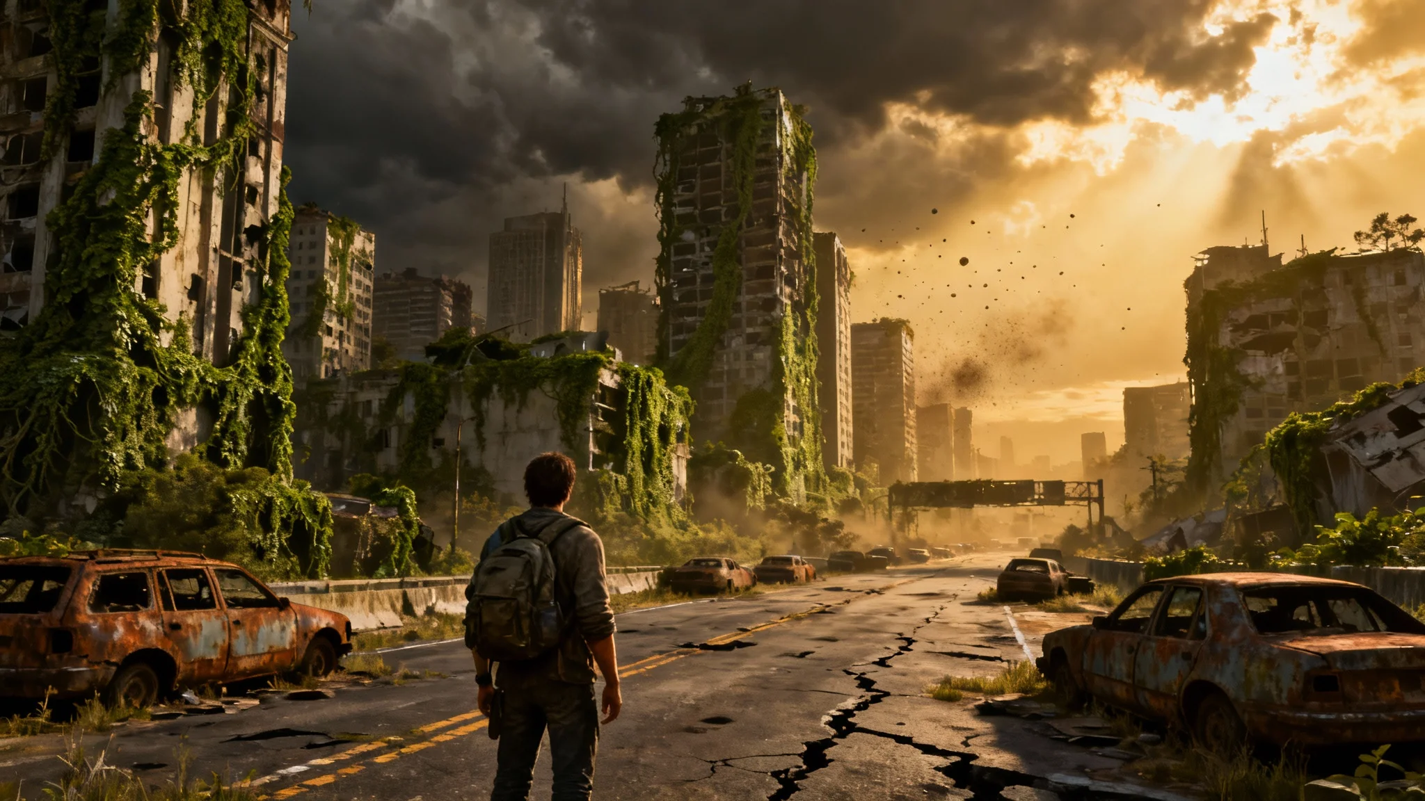A cinematic hero image showing a survivor looking out over the ruins of a city in a post-apocalyptic world, with dramatic lighting and overgrown skyscrapers.