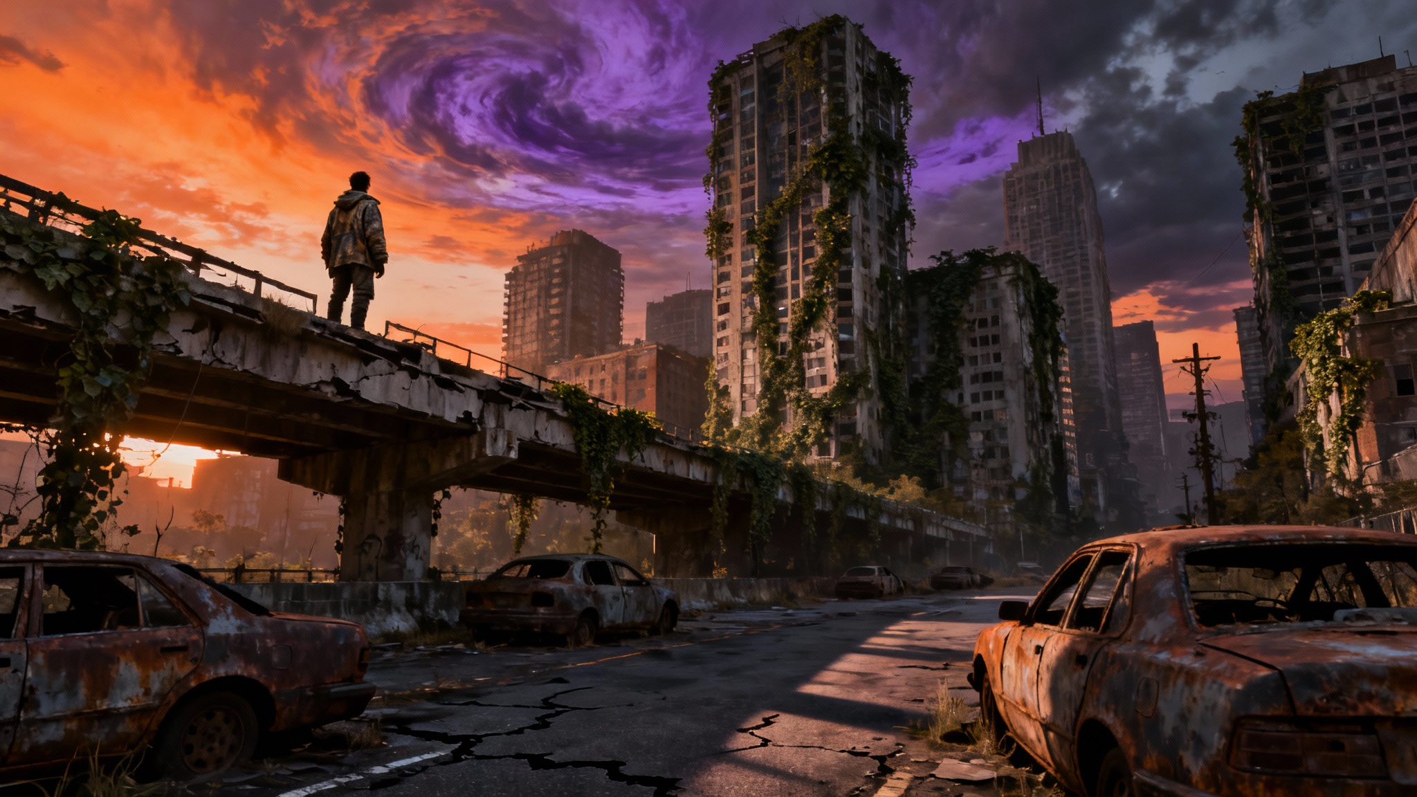 A photorealistic image of a lone survivor standing on a ruined overpass, looking out over a desolate post-apocalyptic city at sunset.
