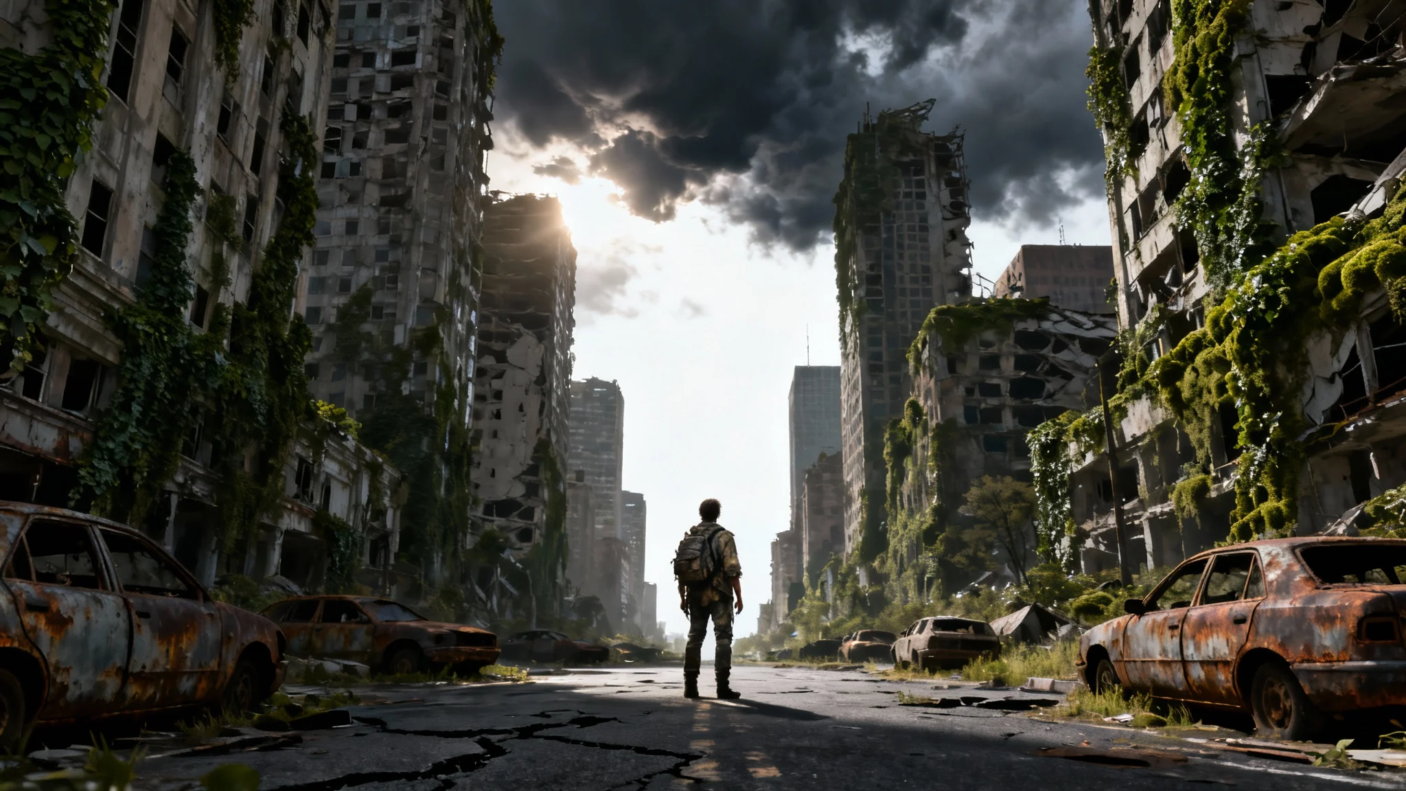 A lone survivor gazes upon a ruined, overgrown city skyline as a single ray of light breaks through the dark clouds, representing a post-apocalyptic world.