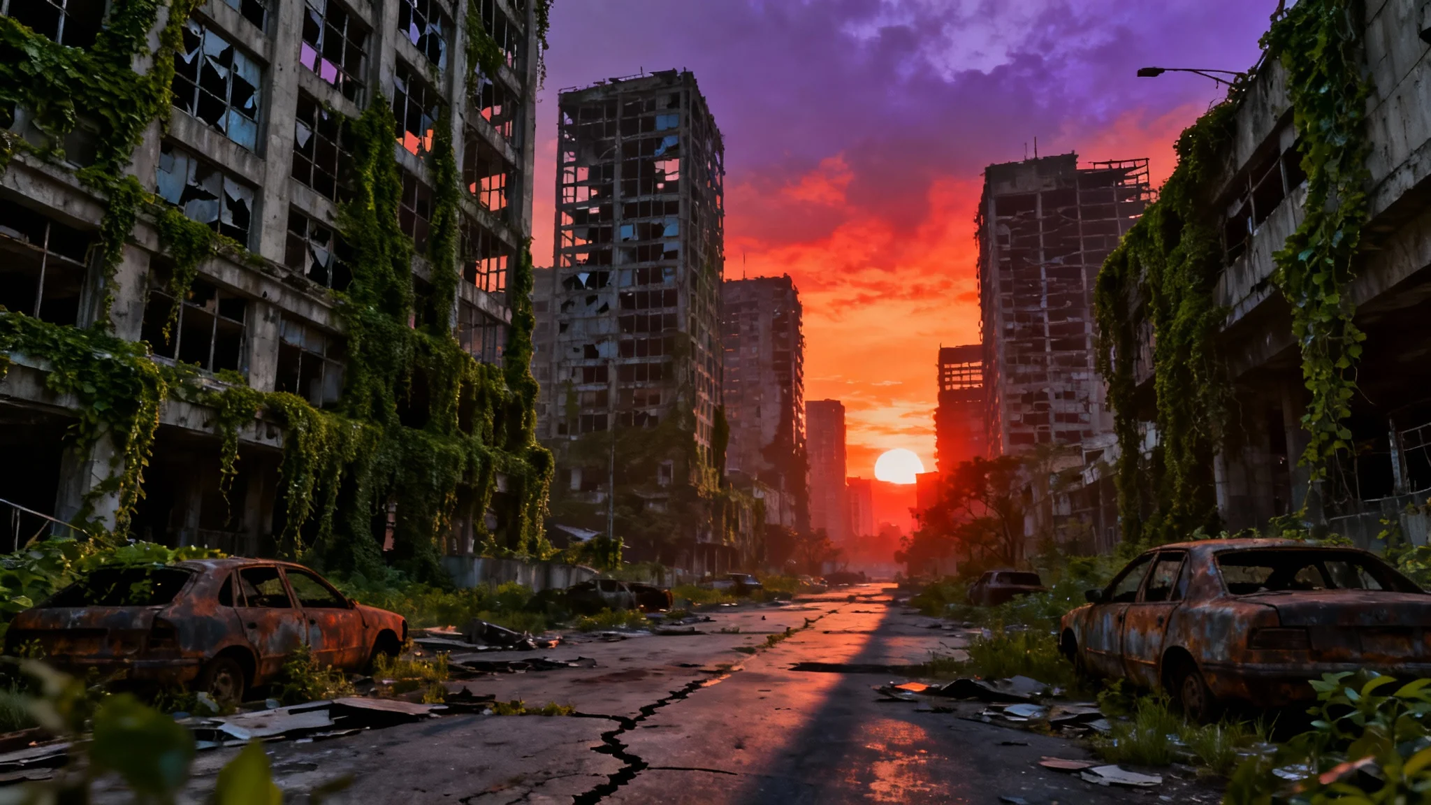 A wide view of a ruined city skyline at sunset, with crumbling skyscrapers overgrown with vines and abandoned cars in the streets below a fiery orange sky.