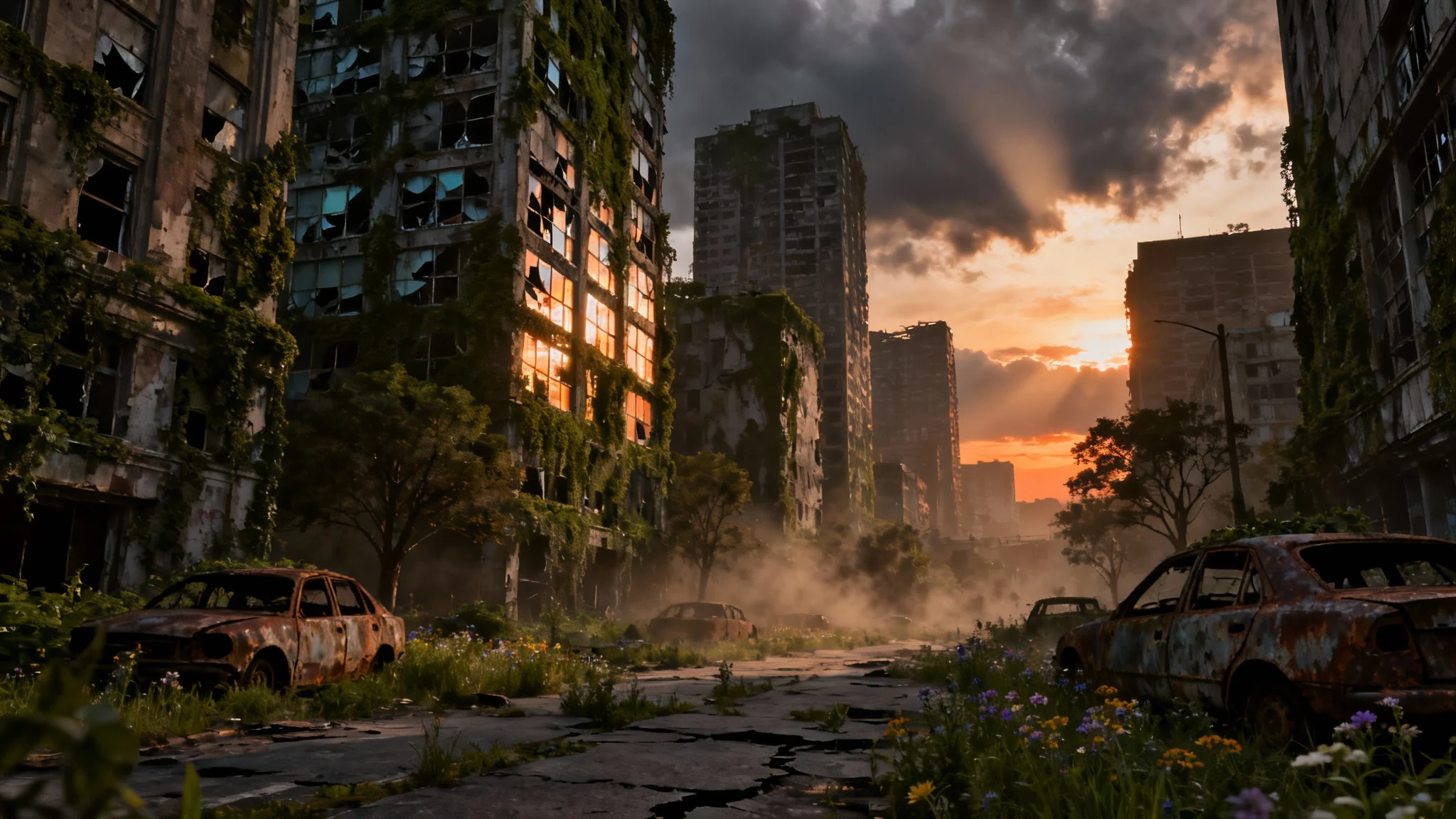 A photorealistic depiction of a post-apocalyptic city at dusk, with crumbling skyscrapers reclaimed by nature and dramatic light rays breaking through the clouds.