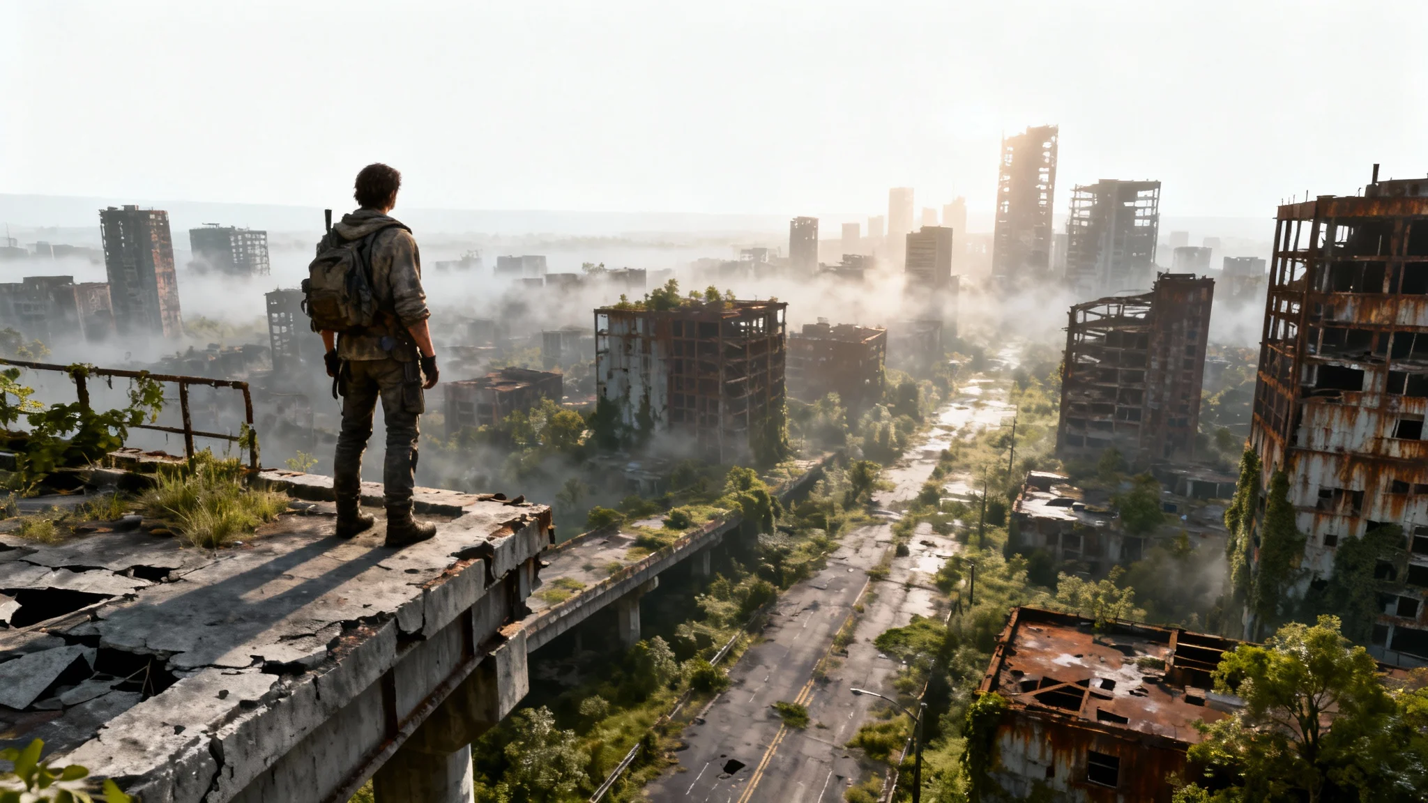 A lone survivor stands on a ruined overpass looking out over a desolate, mist-covered post-apocalyptic city, depicted in a photorealistic and cinematic style.