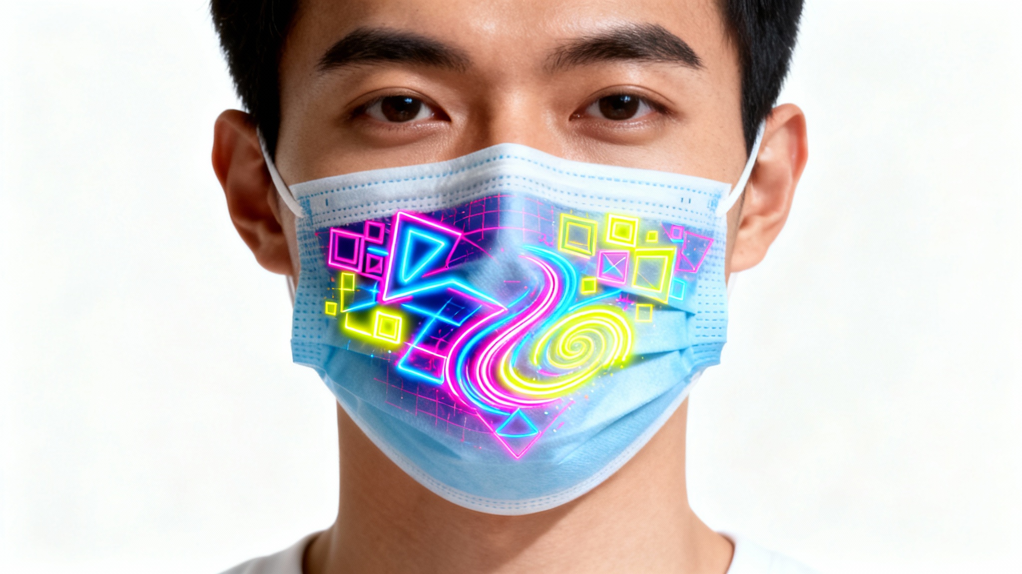 A close-up shot of a person wearing a medical face mask with a vibrant, colorful geometric pattern digitally overlaid on it, against a stark white background.