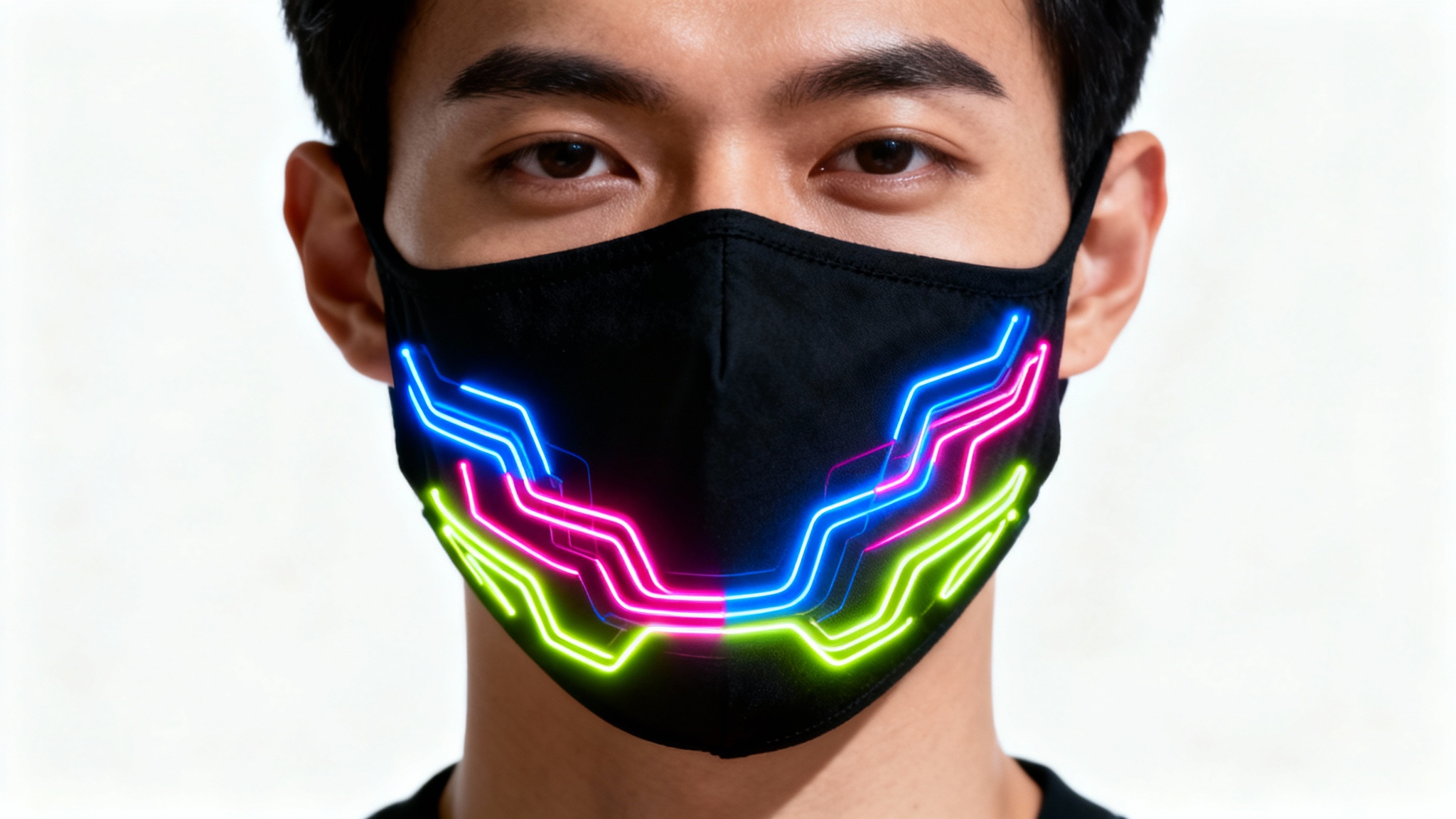A close-up fashion shot of a person wearing a black face mask with a vibrant, glowing neon abstract design digitally placed on top, against a stark white background.