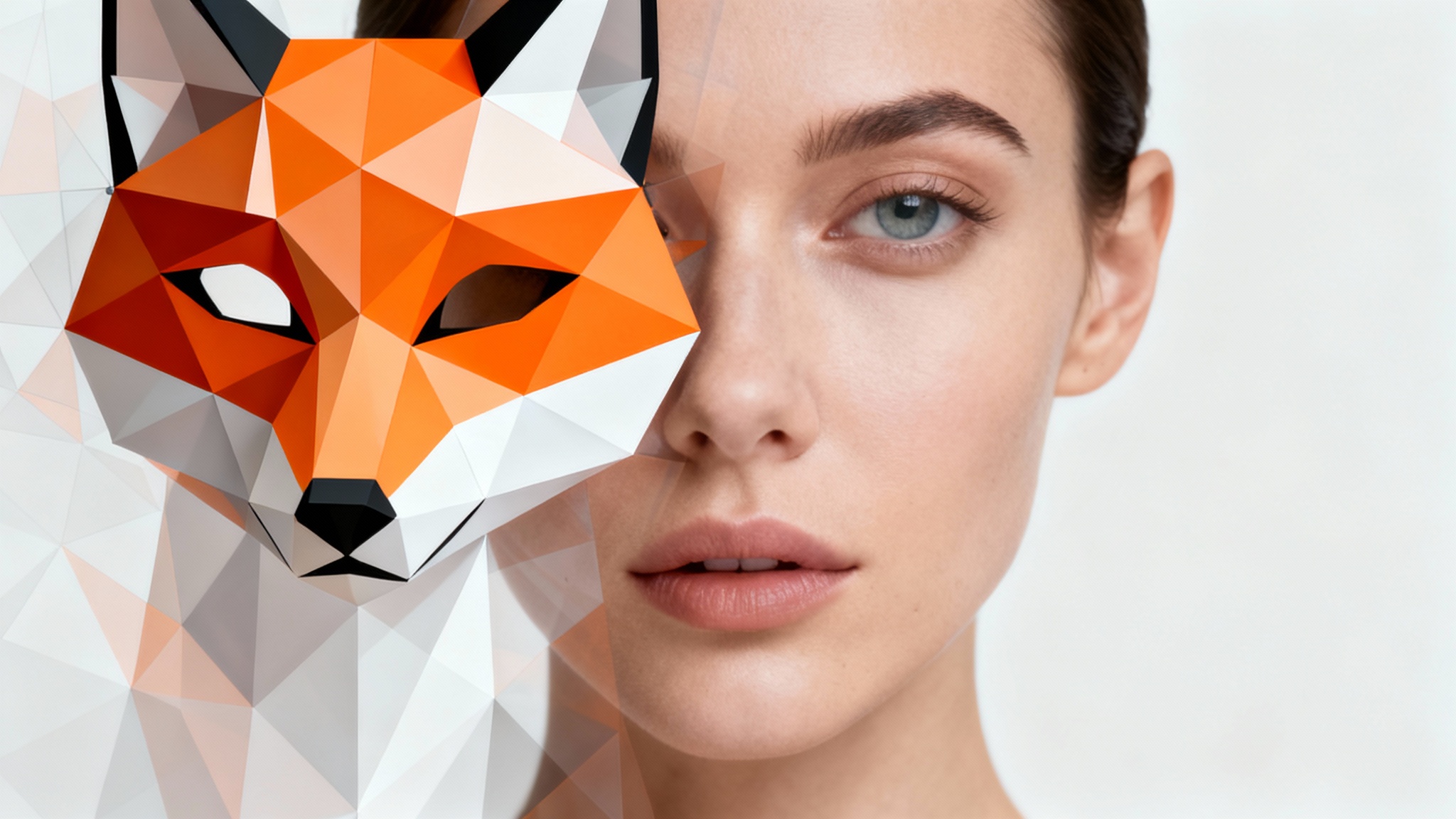 A close-up studio portrait of a woman's face with a vibrant, geometric, low-poly fox mask digitally overlaid, set against a clean white background.
