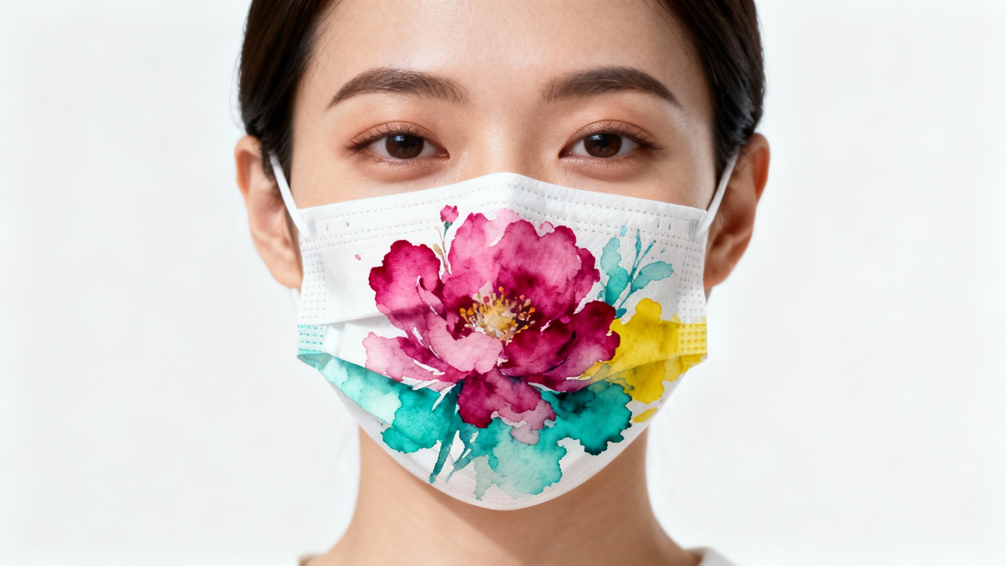 A photorealistic mockup of a person wearing a fabric face mask that has a vibrant and artistic watercolor flower pattern overlaid on it, set against a plain white background.