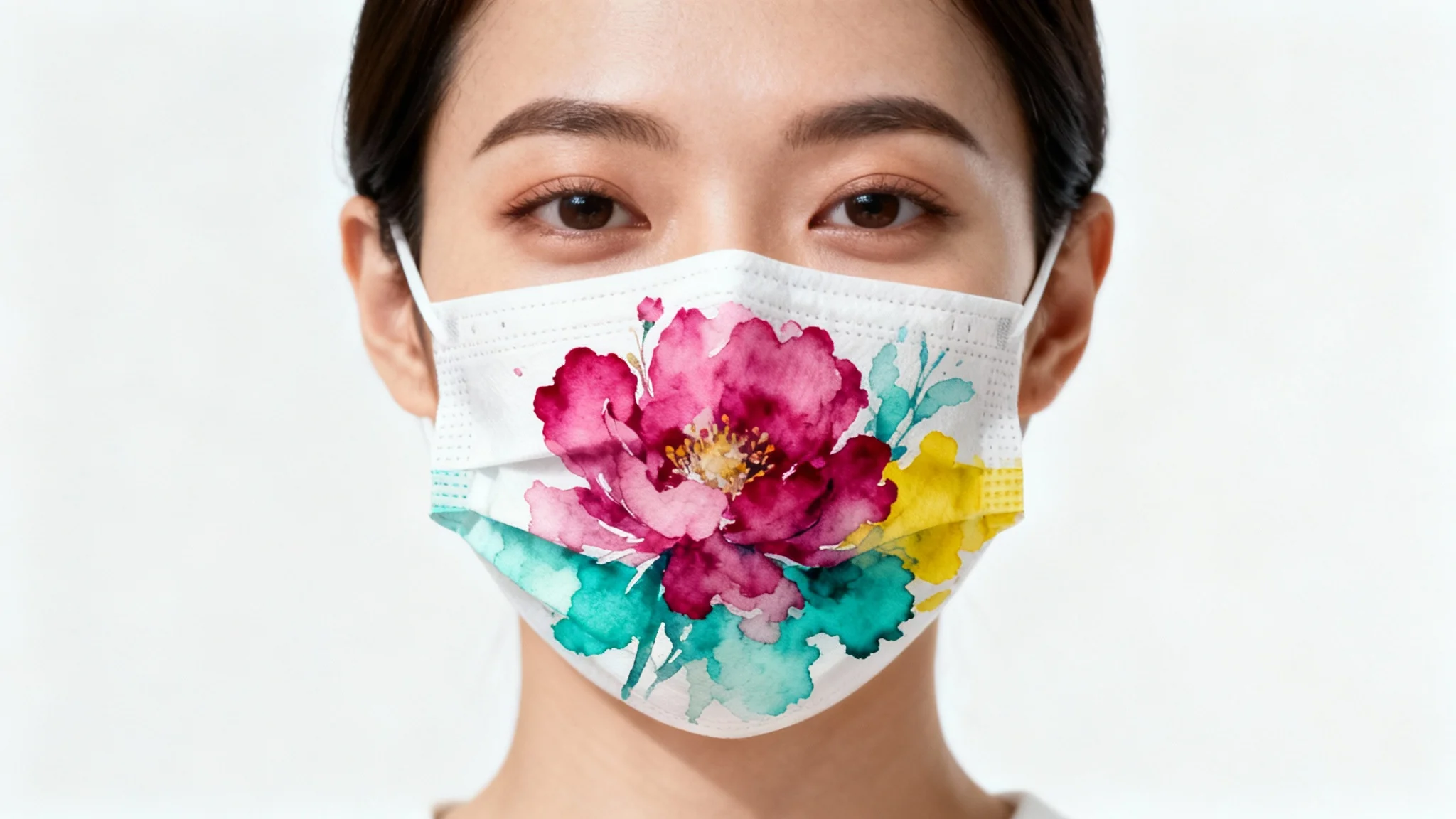 A photorealistic mockup of a person wearing a fabric face mask that has a vibrant and artistic watercolor flower pattern overlaid on it, set against a plain white background.