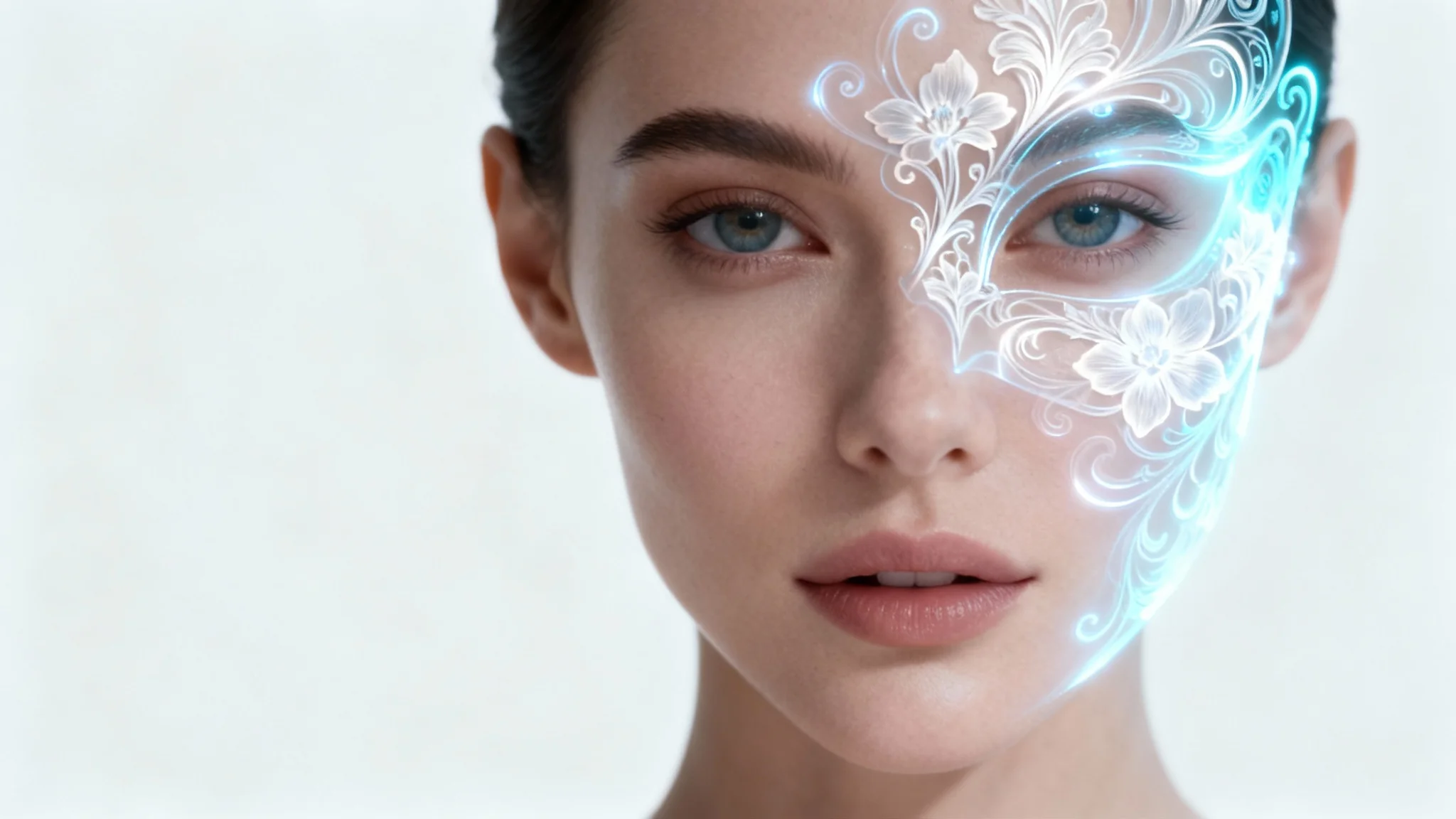 A close-up portrait of a woman's face with an intricate, glowing digital floral pattern overlaid on her skin, resembling a futuristic mask, against a plain white background.