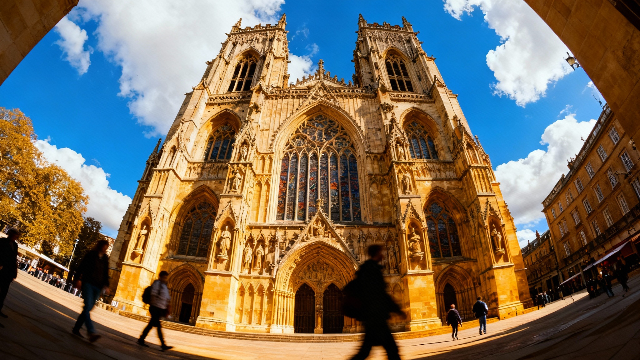 A perfectly straight, professional architectural photograph of a historic cathedral, showing the final result after keystone perspective correction has been applied.