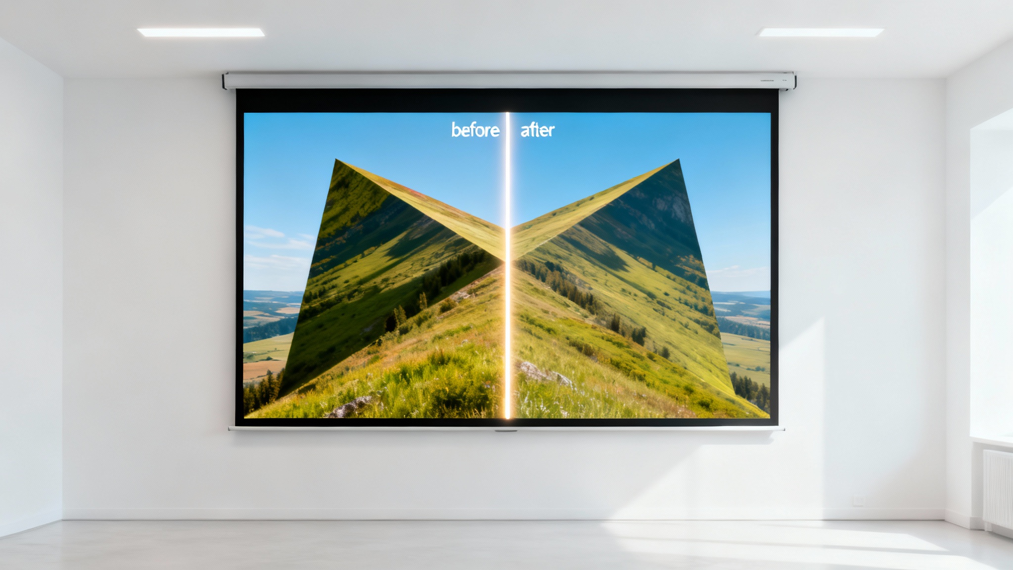 A demonstration of keystone correction on a projector screen, showing a split image with a distorted trapezoidal picture on the left and a perfectly rectangular, corrected picture on the right.