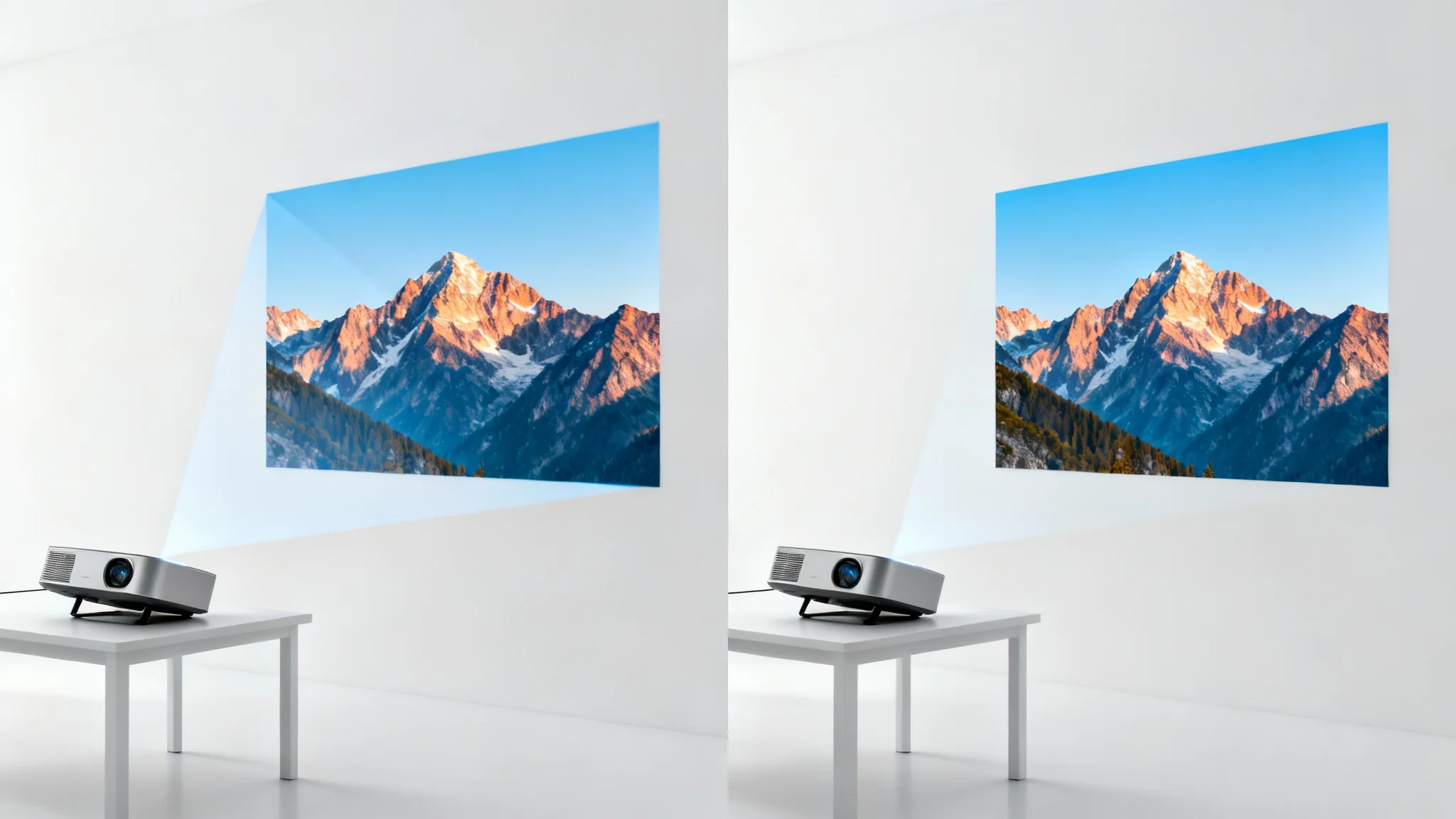 A split-screen comparison illustrating keystone correction. On the left, a projector casts a distorted, trapezoidal image. On the right, the same projector casts a perfectly rectangular image, demonstrating the feature.