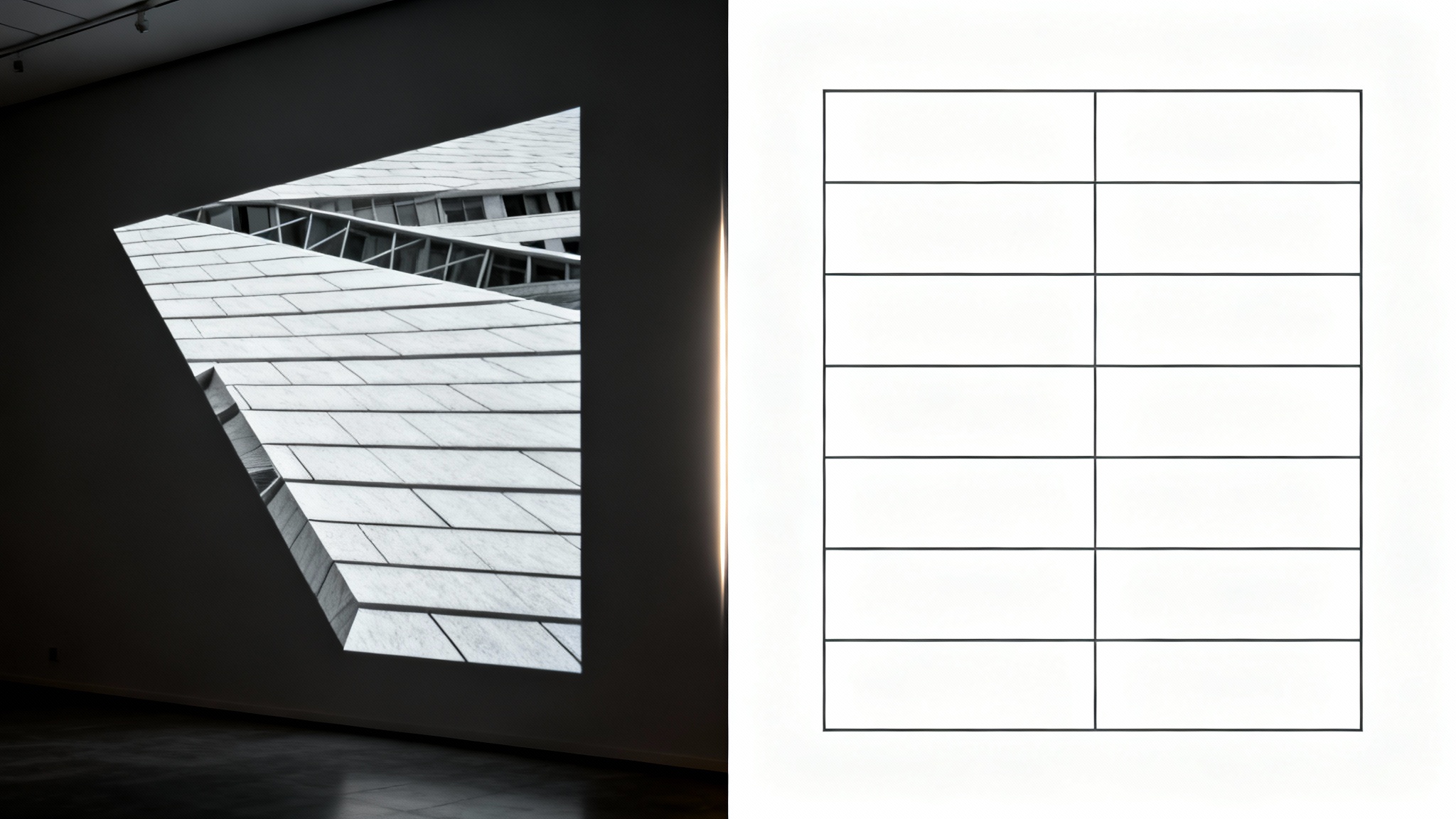 A comparison image demonstrating keystone correction. The left side shows a projected image distorted into a trapezoid, and the right side shows the same image perfectly corrected into a sharp rectangle.