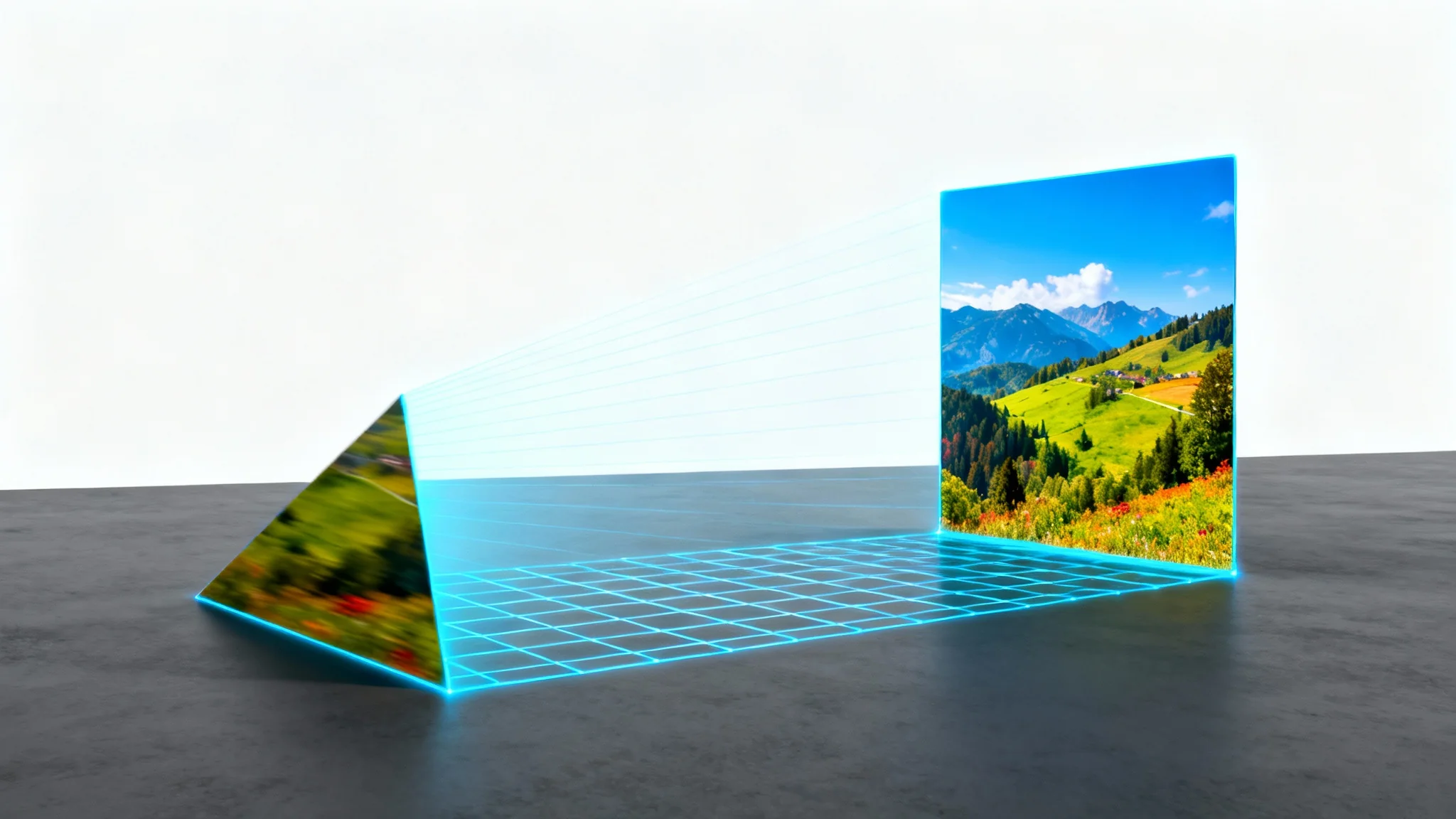 A conceptual image demonstrating keystone correction. A projected landscape is shown half distorted in a trapezoid shape and half perfectly corrected into a rectangle, with digital lines illustrating the technological fix.