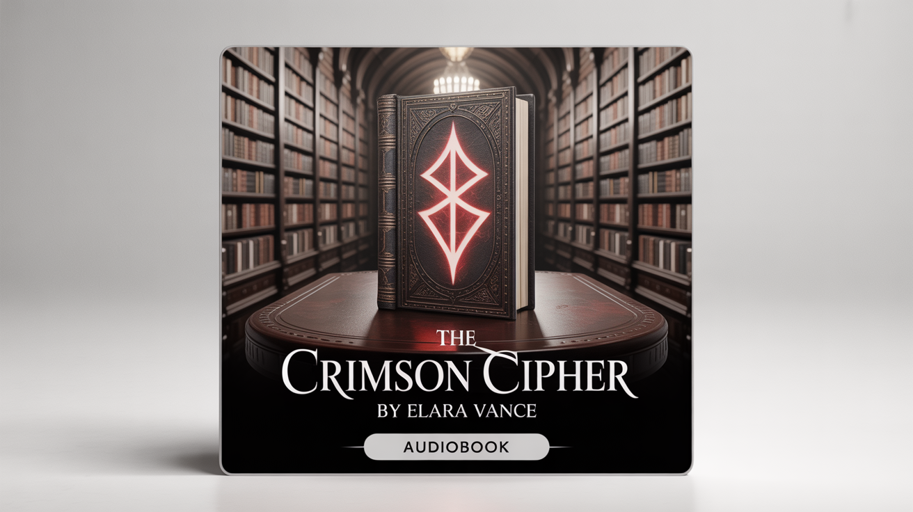 A hero image showcasing a professional audiobook cover for a fantasy novel titled 'The Crimson Cipher', presented as a polished digital mockup on a clean background.