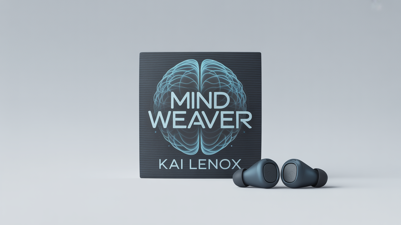 A professional mockup of a square audiobook cover titled 'Mind Weaver' by 'Kai Lenox'. The sci-fi cover art is displayed next to a pair of wireless earbuds on a clean, light gray background.