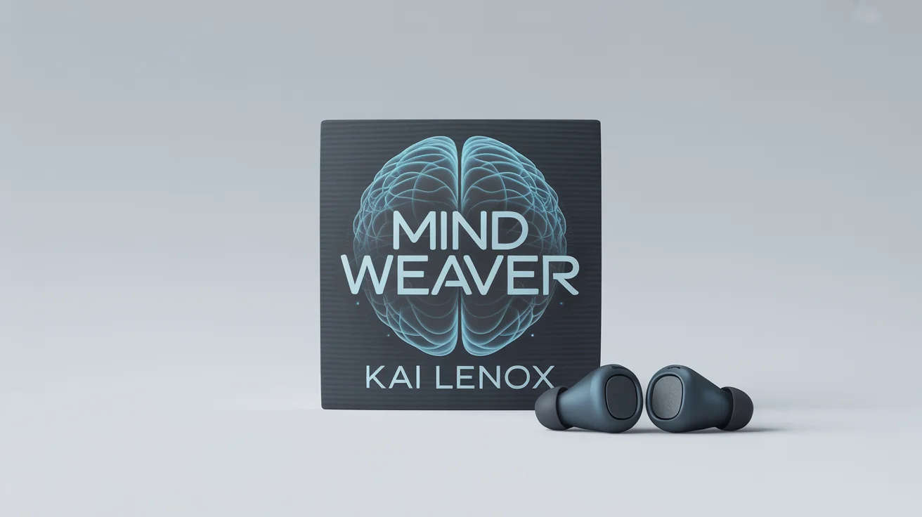 A professional mockup of a square audiobook cover titled 'Mind Weaver' by 'Kai Lenox'. The sci-fi cover art is displayed next to a pair of wireless earbuds on a clean, light gray background.
