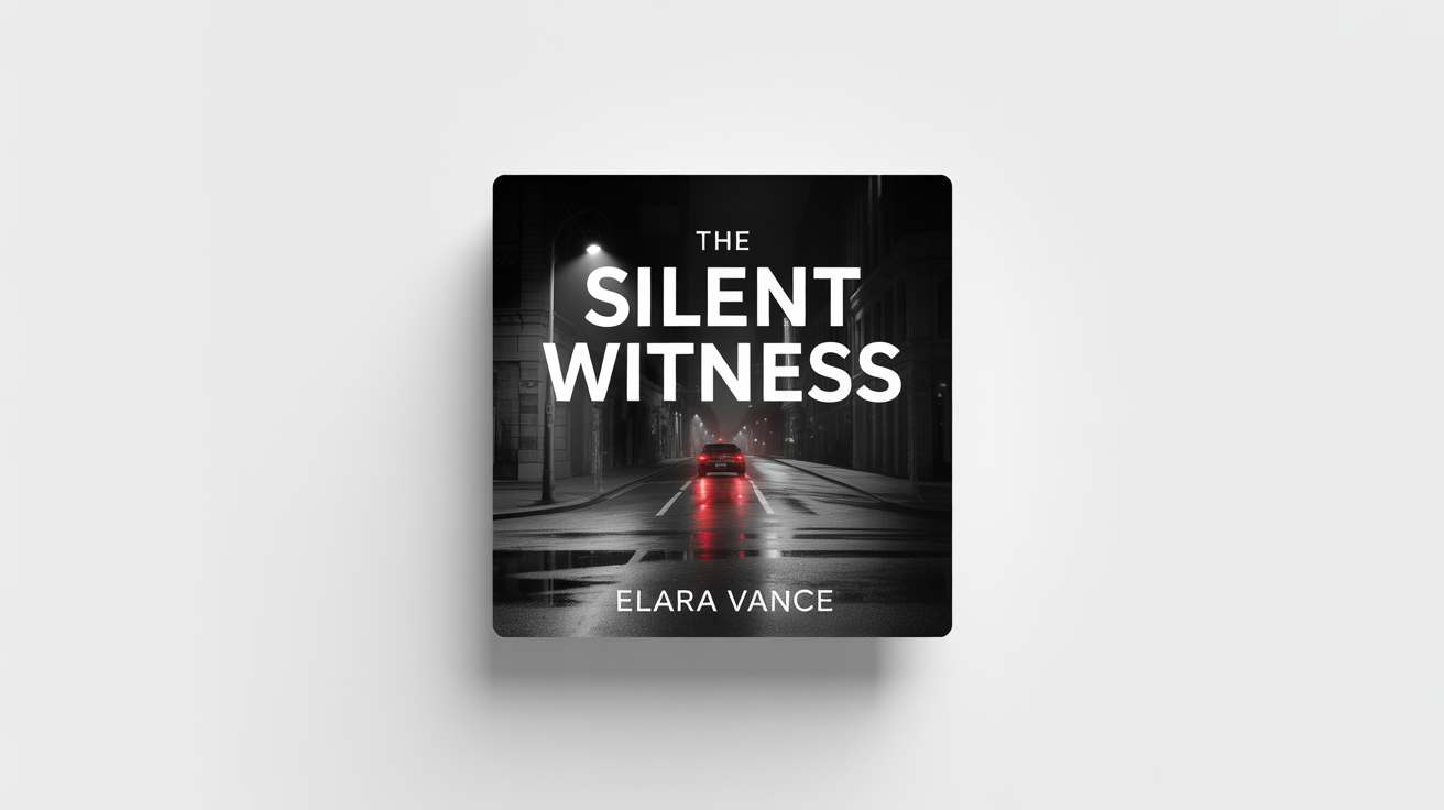 A mockup of a mystery thriller audiobook cover titled 'The Silent Witness' by Elara Vance, featuring a black and white photo of a rainy city street at night with red tail lights. The cover is displayed against a white background.