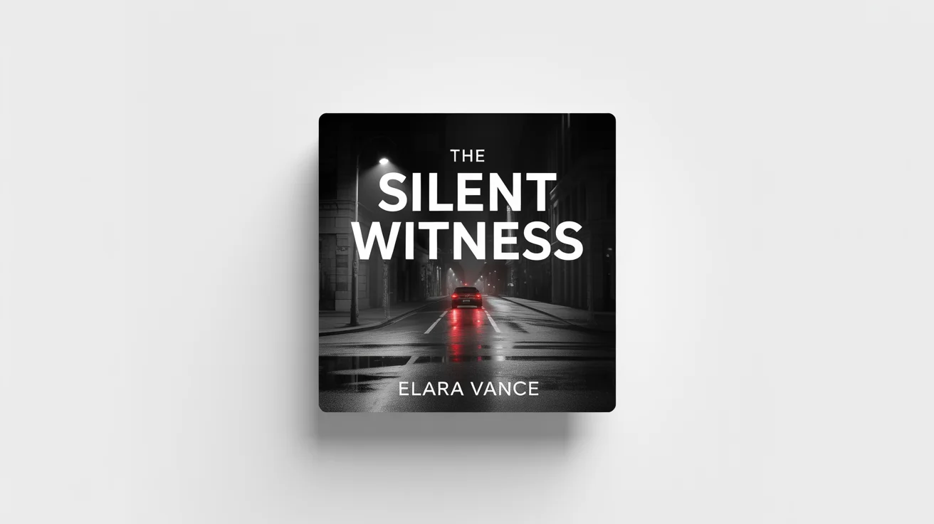 A mockup of a mystery thriller audiobook cover titled 'The Silent Witness' by Elara Vance, featuring a black and white photo of a rainy city street at night with red tail lights. The cover is displayed against a white background.