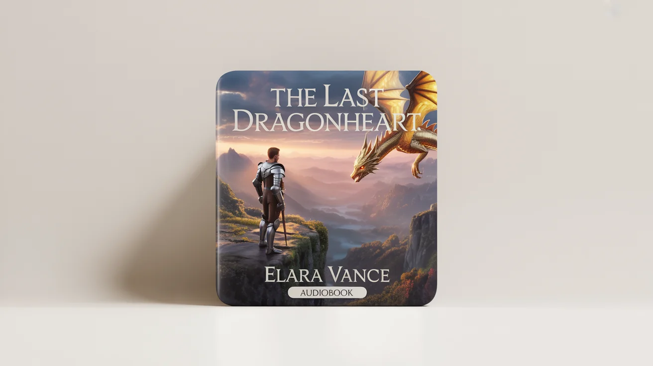 A professional mockup of a fantasy audiobook cover titled 'The Last Dragonheart' by Elara Vance. The cover art shows a knight on a cliff watching a golden dragon fly by.