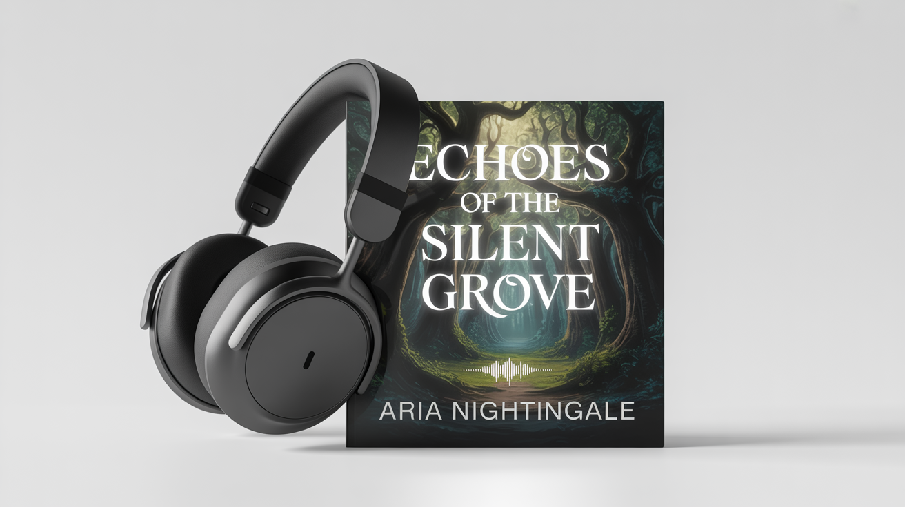 A professional mockup of an audiobook cover titled 'Echoes of the Silent Grove' by 'Aria Nightingale', featuring a mysterious forest scene. A pair of black wireless headphones leans against the cover on a clean white background.