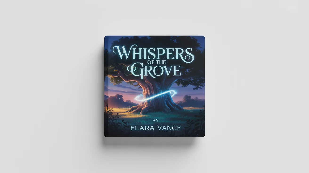 A mockup of a fantasy audiobook cover titled 'Whispers of the Grove' by Elara Vance. The cover art shows an ancient, glowing tree in a mystical forest at twilight, set against a clean white background.