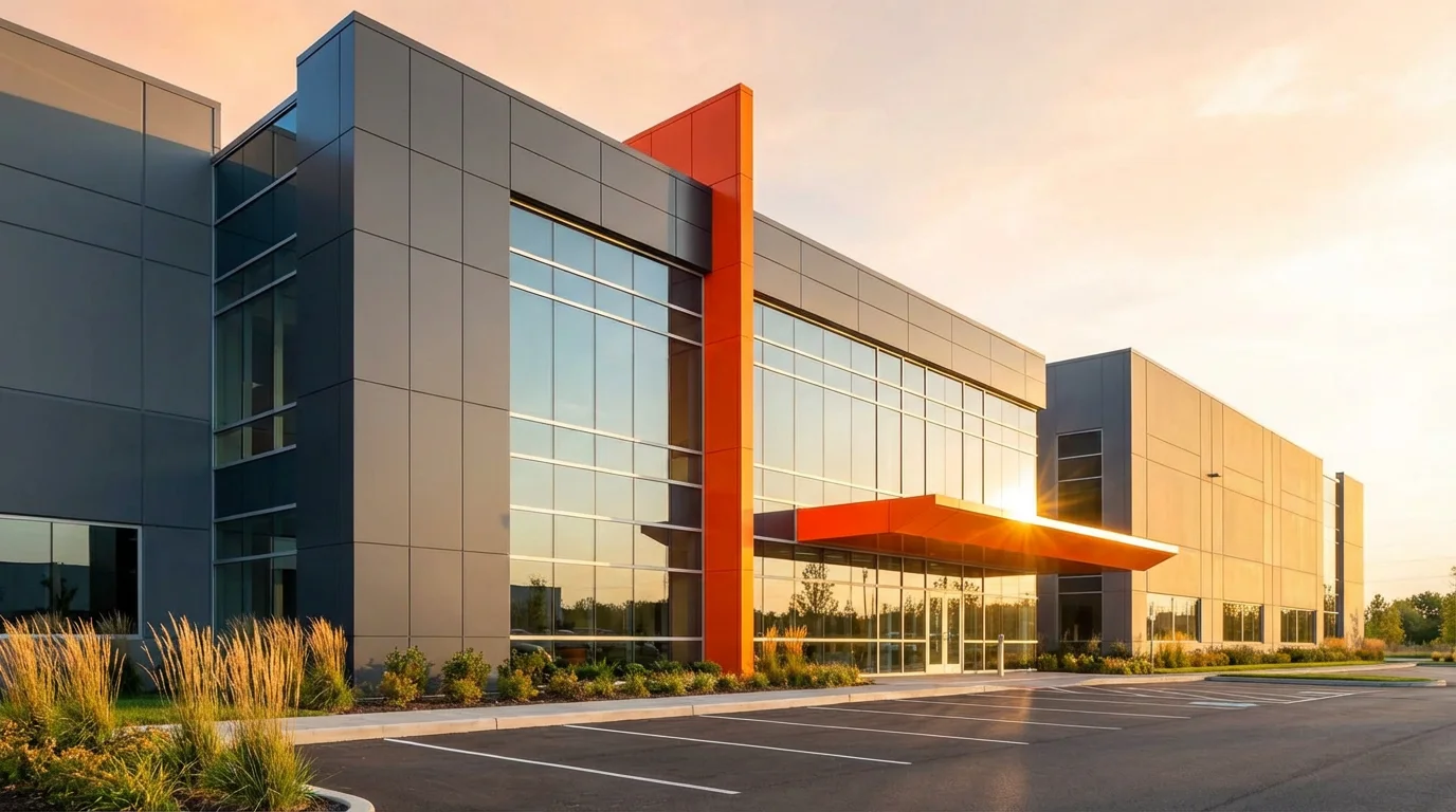 A low-angle, cinematic photograph of a newly constructed modern warehouse facade at sunset. The building features gray metal panels, large glass walls, and a striking orange accent on its entrance canopy. The foreground shows a clean parking lot and landscaped greenery.