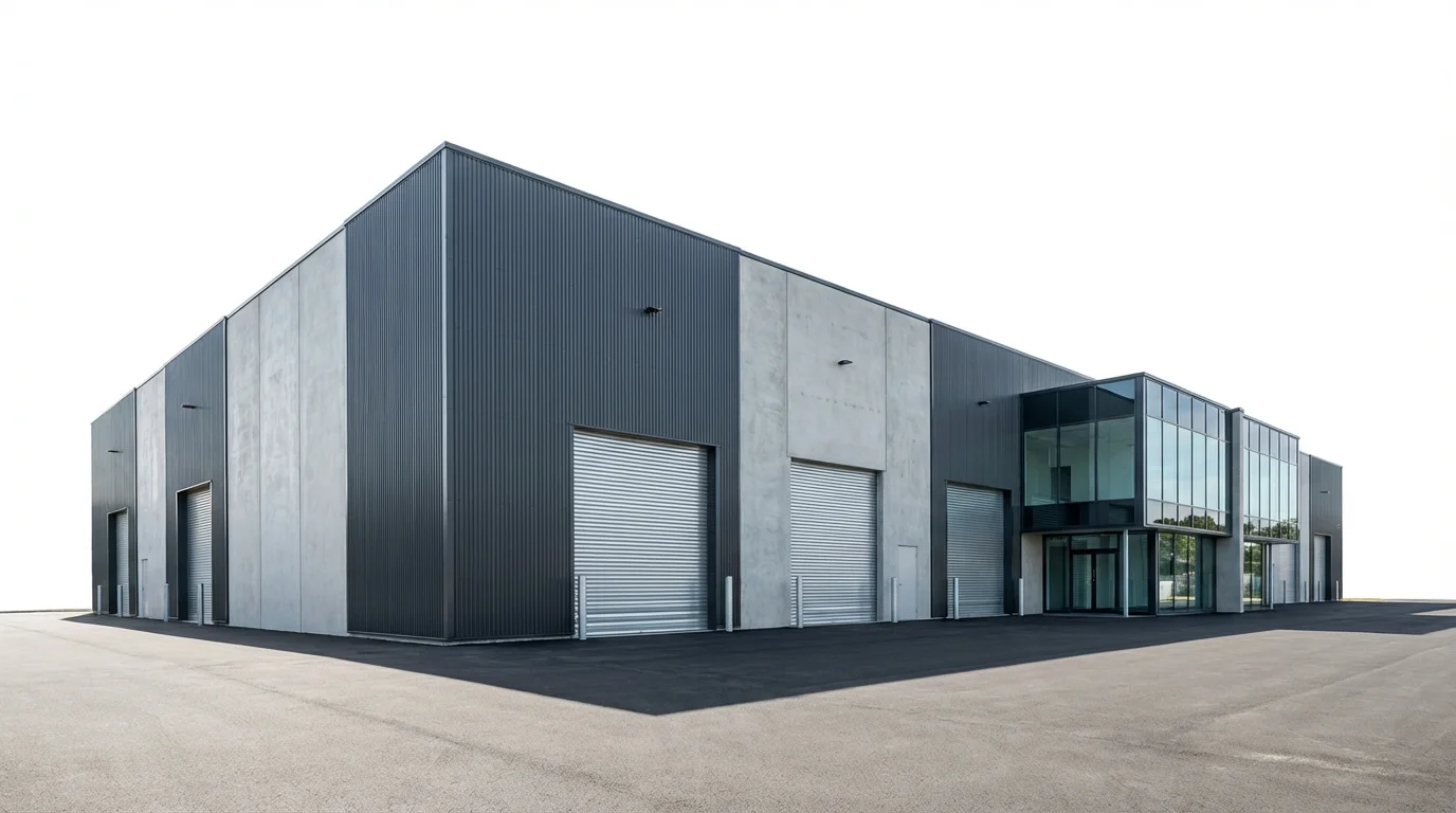 A photorealistic mockup of a modern warehouse exterior with multiple loading docks and a glass office section, presented against a clean white background.