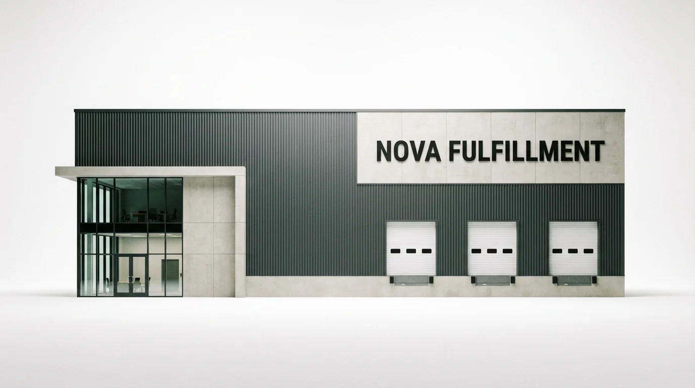 A photorealistic mockup of a modern warehouse facade with loading docks and an office entrance, featuring the name 'NOVA FULFILLMENT' on the building, all against a plain white background.